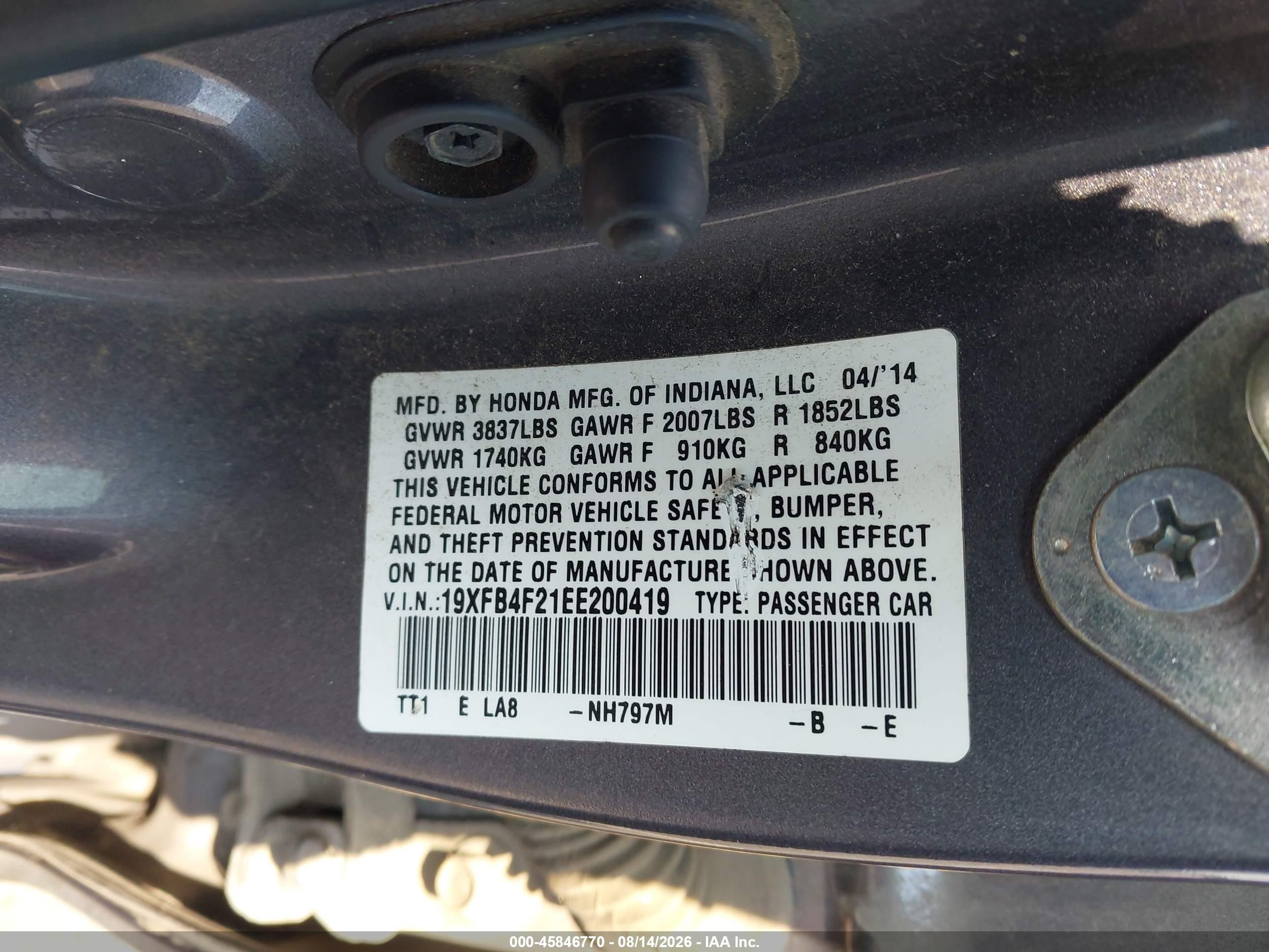 2014 Honda Civic Hybrid   Gray vin: 19XFB4F21EE200419