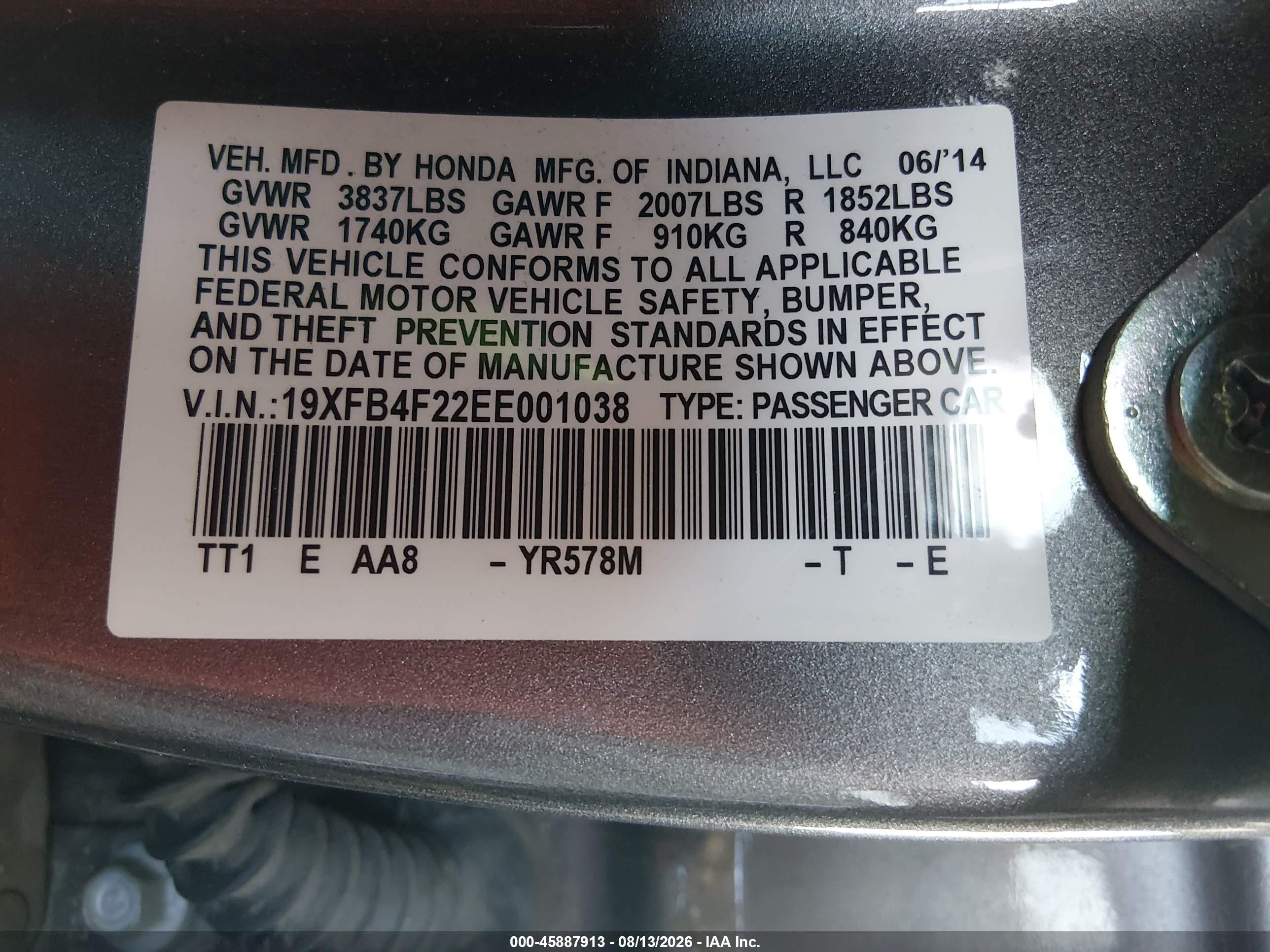 2014 Honda Civic Hybrid   Gray vin: 19XFB4F22EE001038