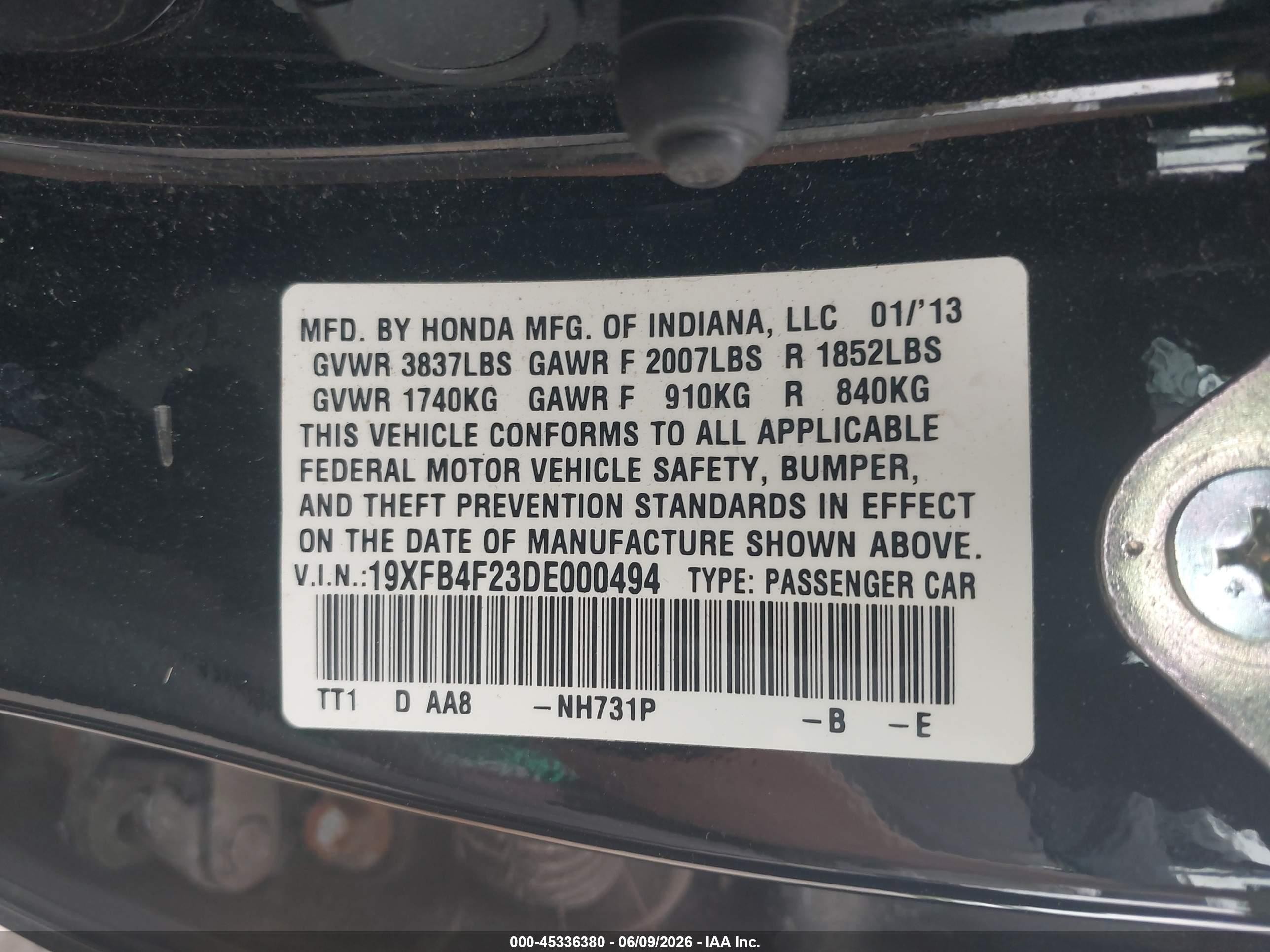 2013 Honda Civic Hybrid   Black vin: 19XFB4F23DE000494