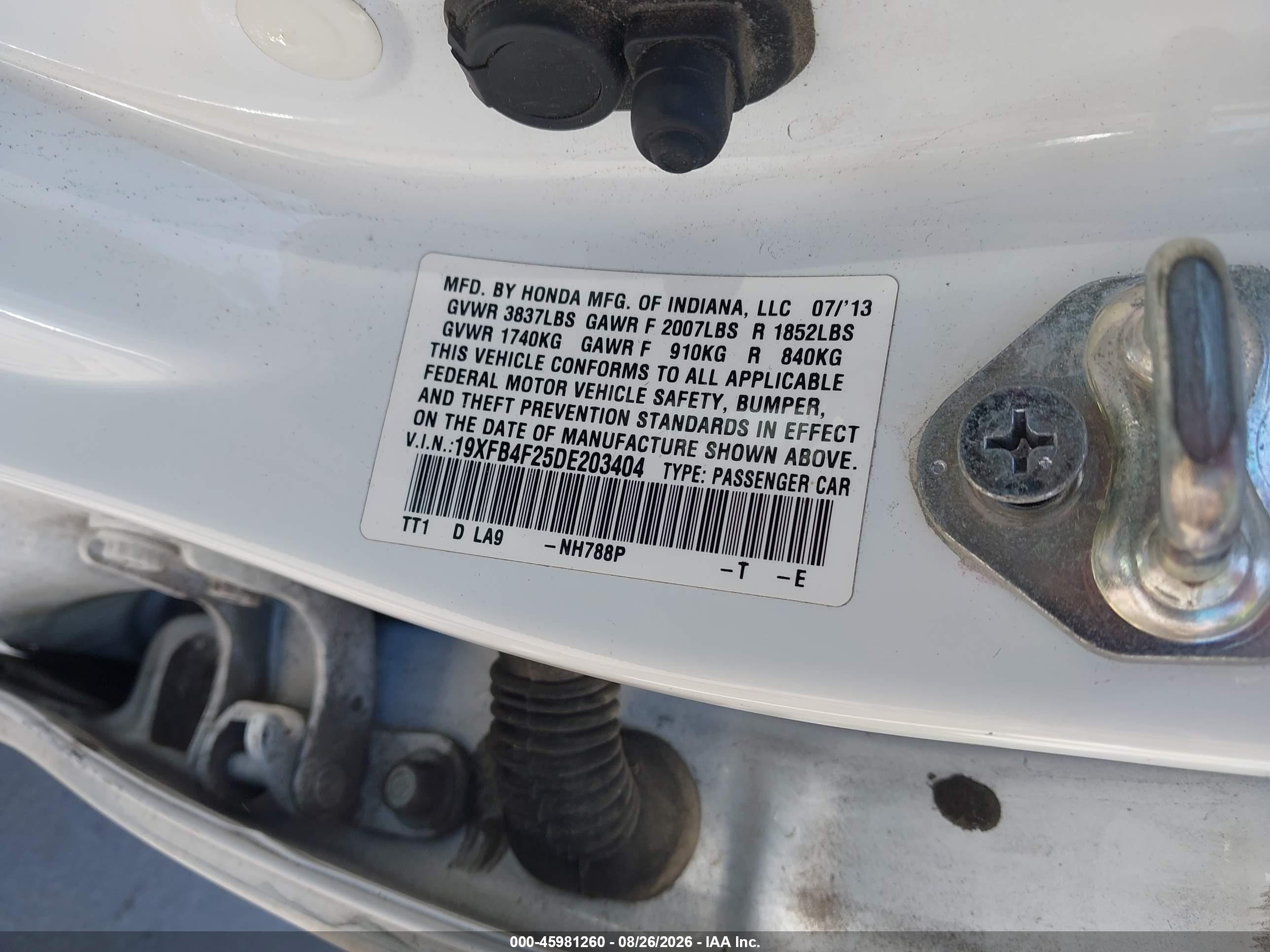 2013 Honda Civic Hybrid   Белый vin: 19XFB4F25DE203404