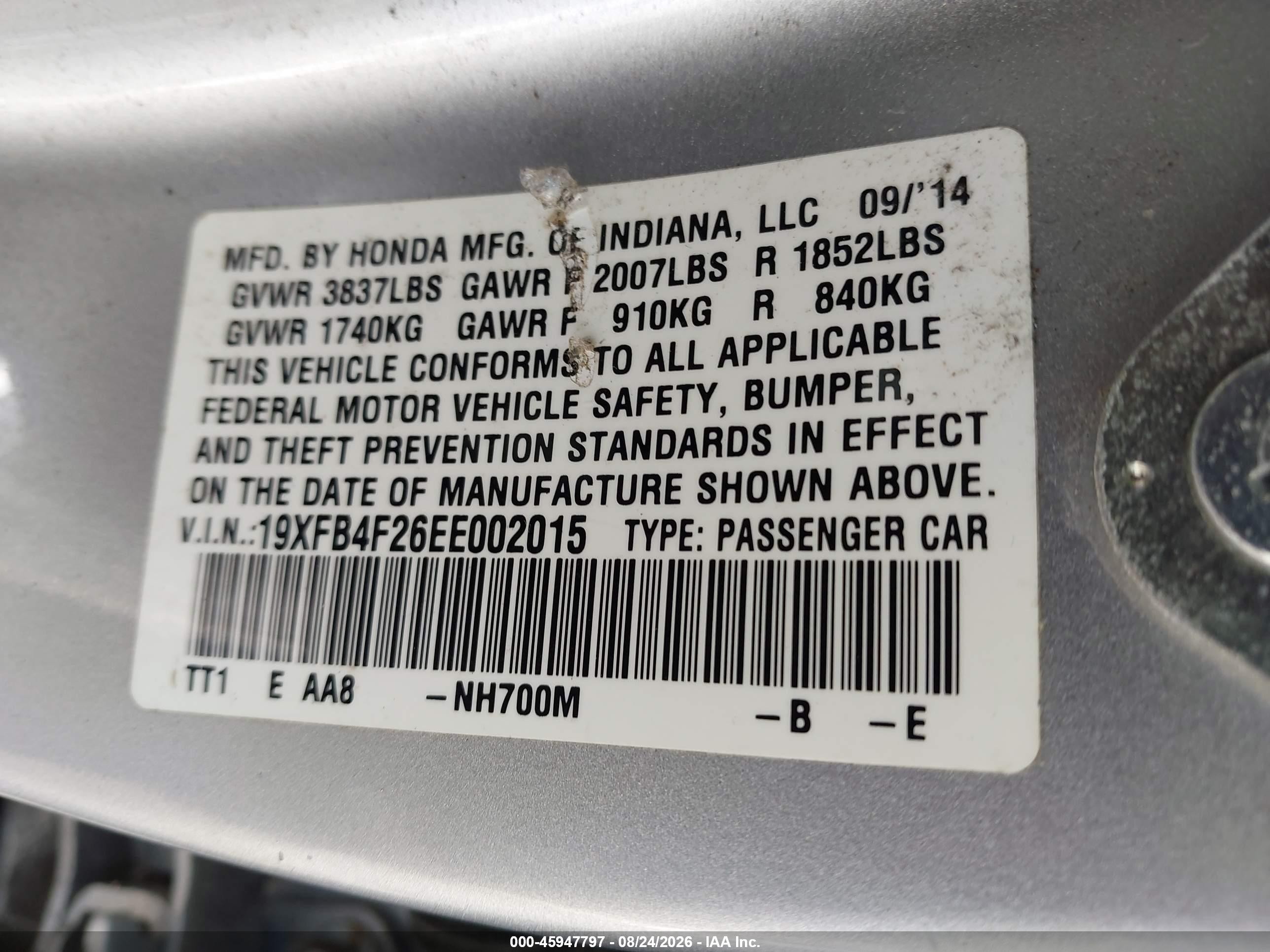 2014 Honda Civic Hybrid   Silver vin: 19XFB4F26EE002015