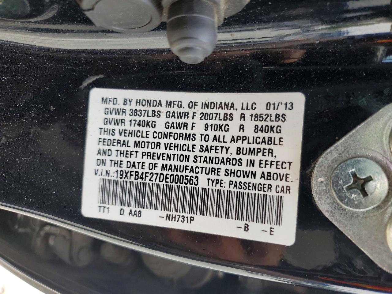 2013 Hond Civic Charcoal vin: 19XFB4F27DE000563