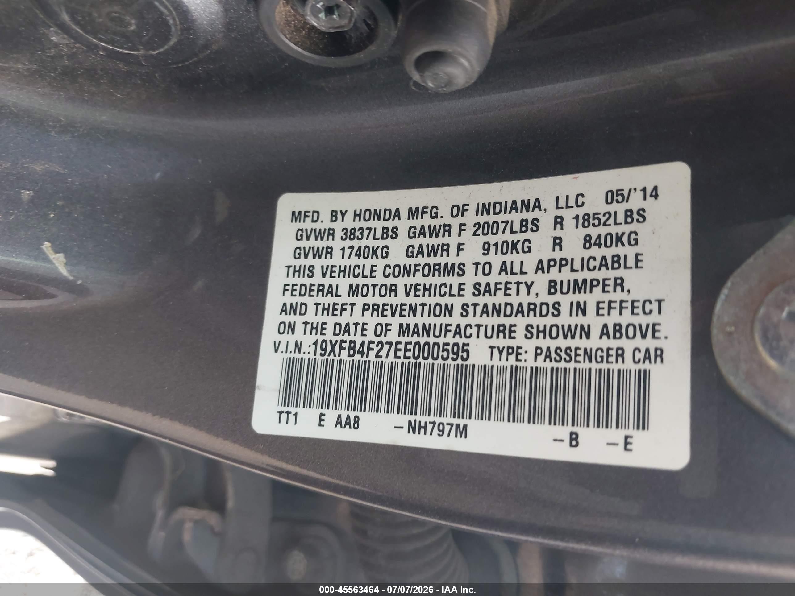 2014 Honda Civic Hybrid   Серый vin: 19XFB4F27EE000595