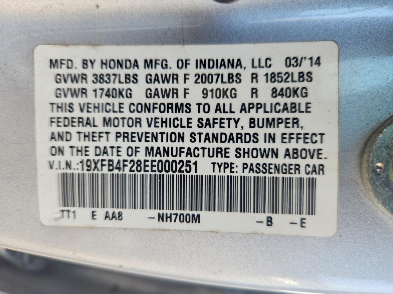 2014 Honda Civic Hybrid Silver vin: 19XFB4F28EE000251