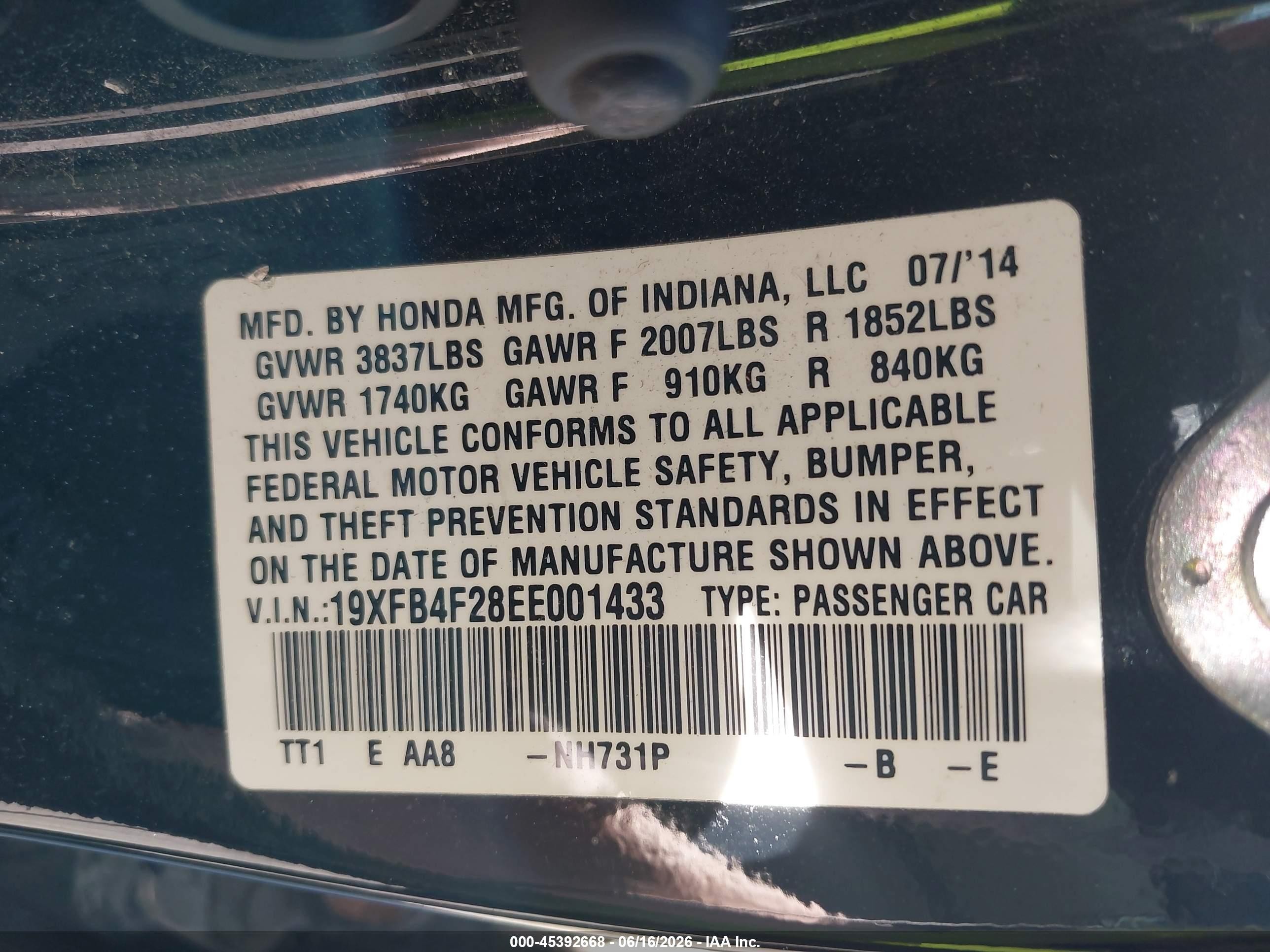 2014 Honda Civic Hybrid   Black vin: 19XFB4F28EE001433