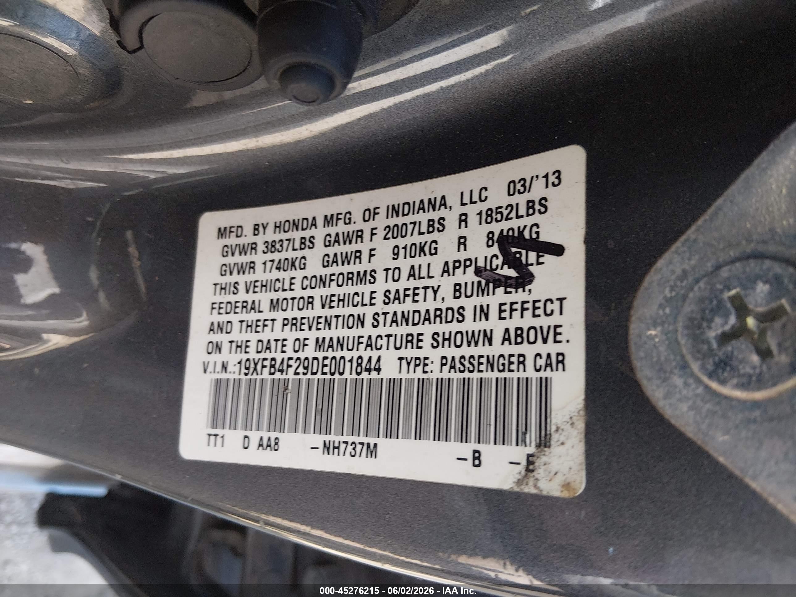 2013 Honda Civic Hybrid   Серый vin: 19XFB4F29DE001844