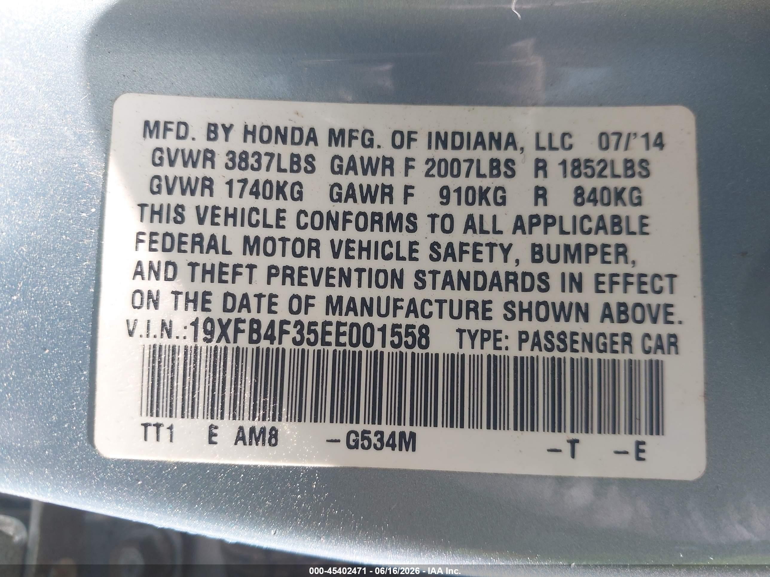 2014 Honda Civic Hybrid   Light Blue vin: 19XFB4F35EE001558
