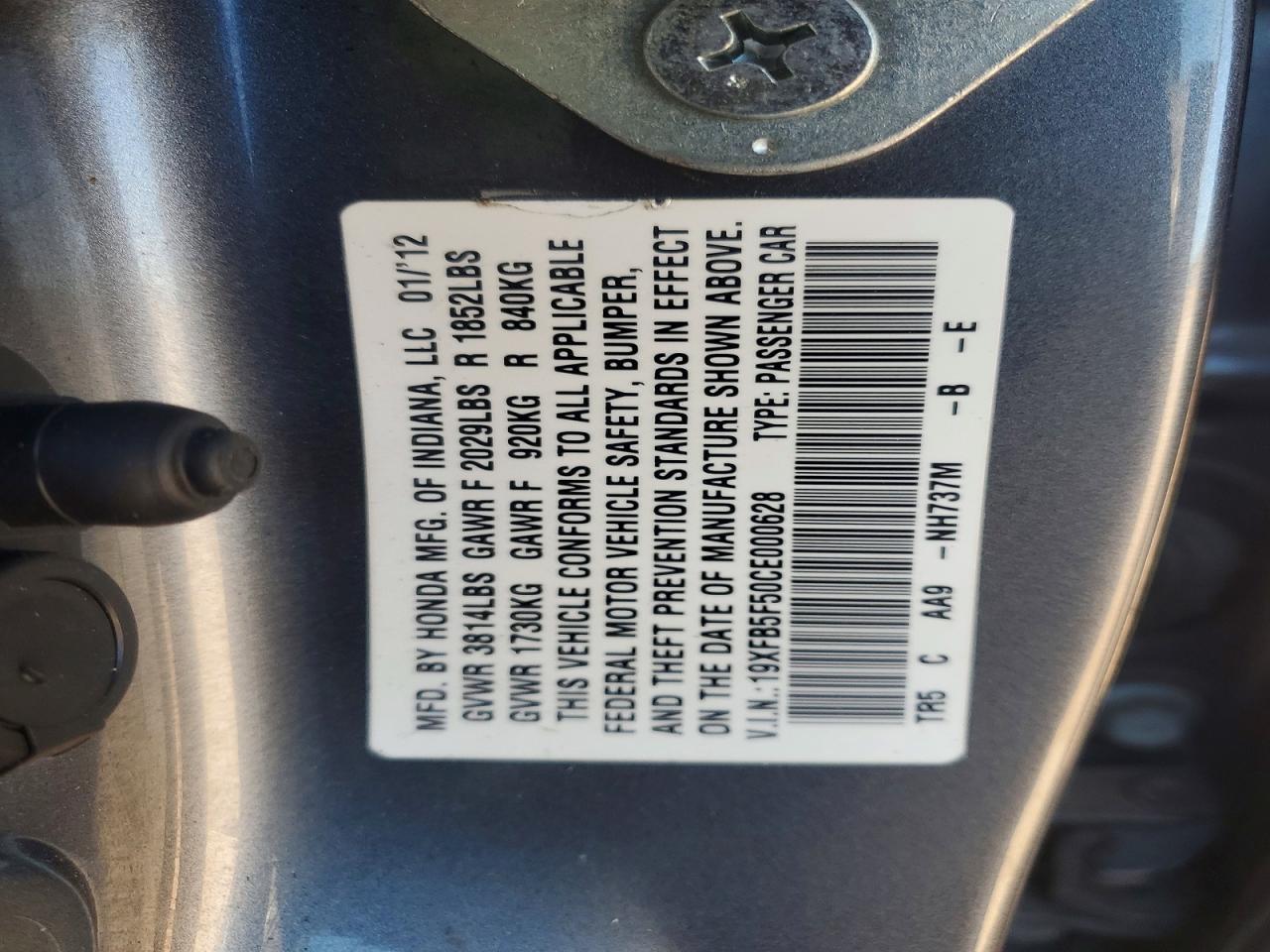 2012 Honda Civic Natural Gas Charcoal vin: 19XFB5F50CE000628