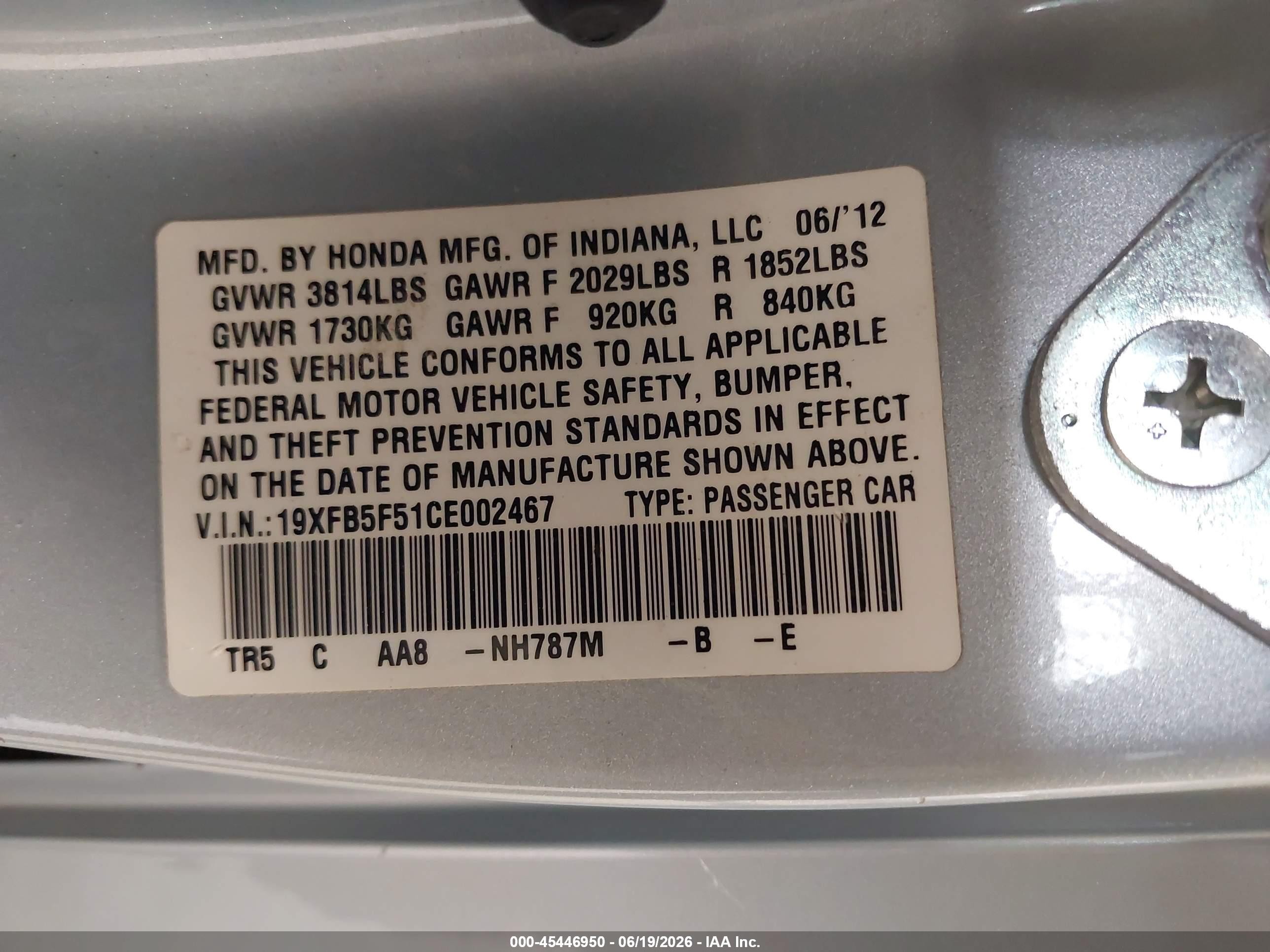 2012 Honda Civic Natural Gas Light Blue vin: 19XFB5F51CE002467