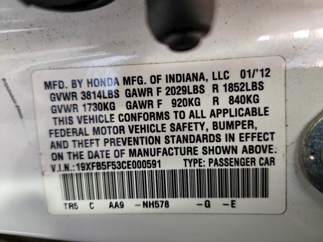 2012 Honda Civic Natural Gas White vin: 19XFB5F53CE000591