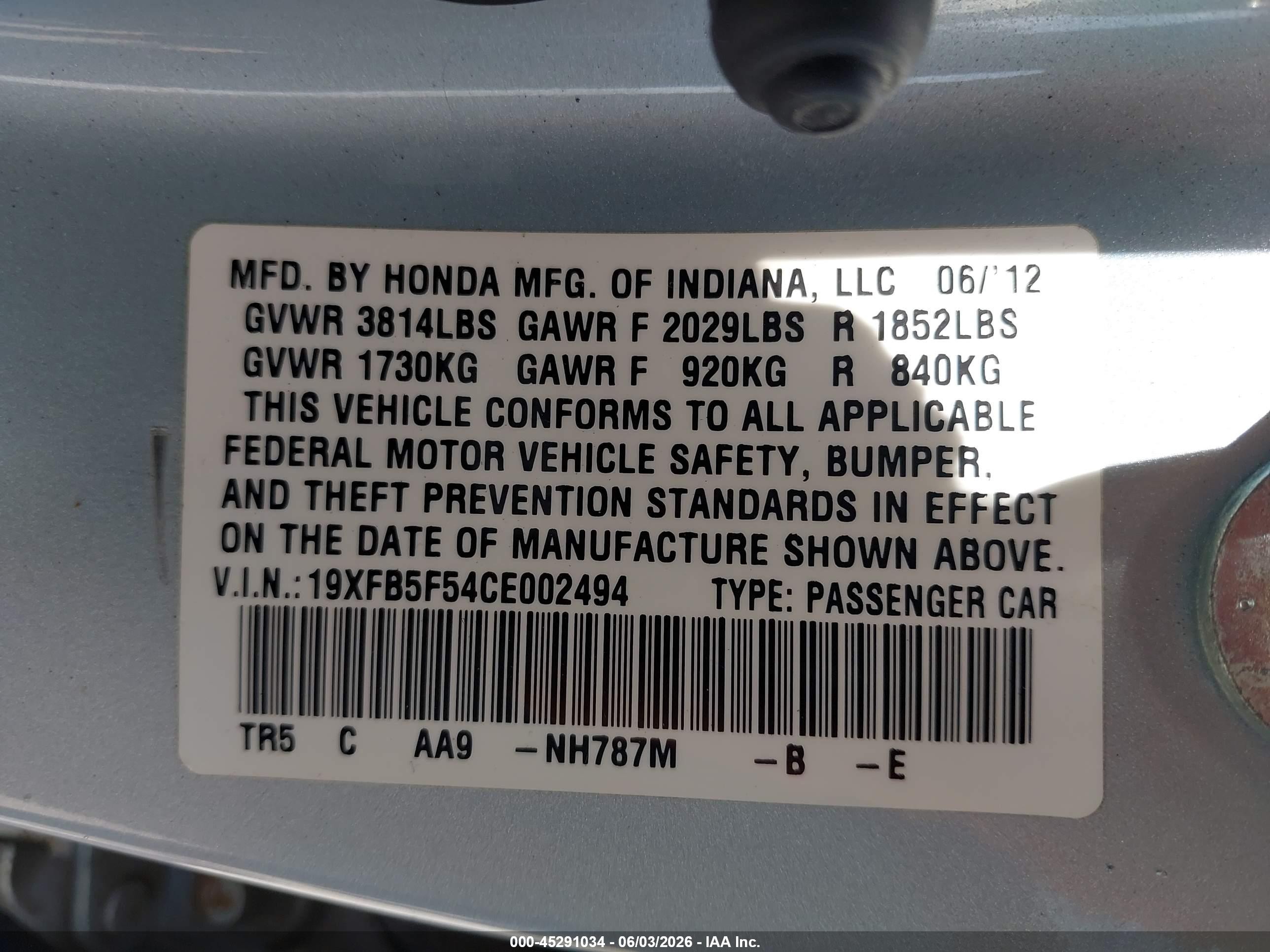 2012 Honda Civic Natural Gas Blue vin: 19XFB5F54CE002494