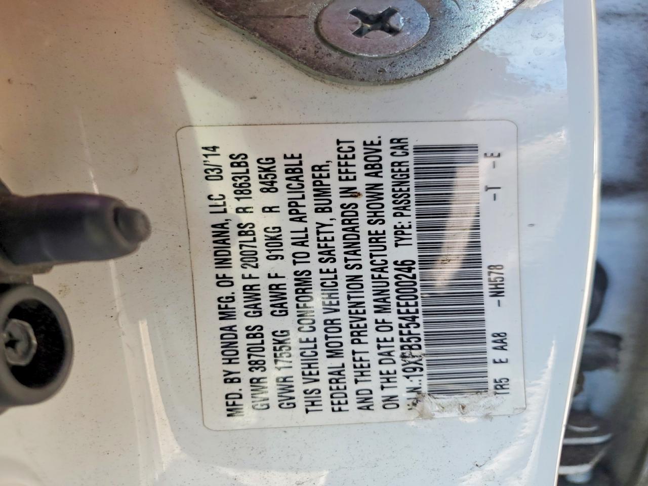 2014 Honda Civic Natural Gas White vin: 19XFB5F54EE000246