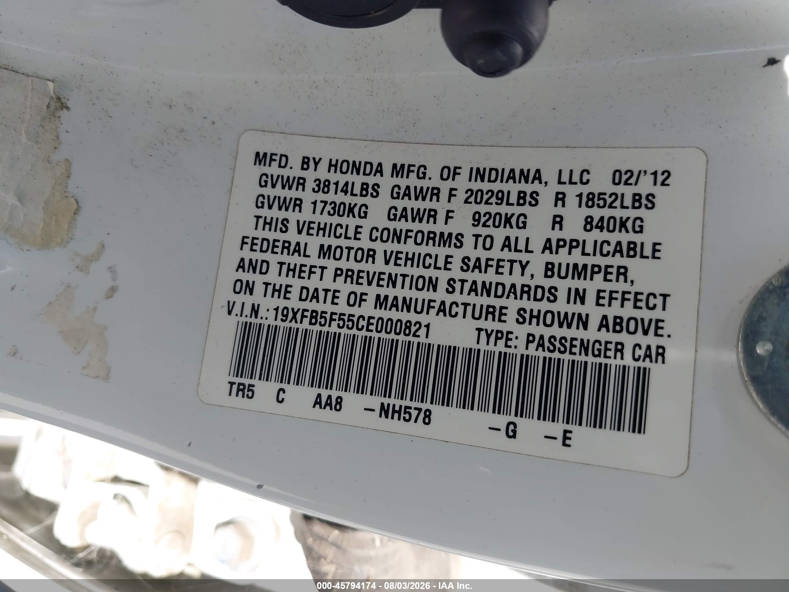 2012 Honda Civic Natural Gas White vin: 19XFB5F55CE000821