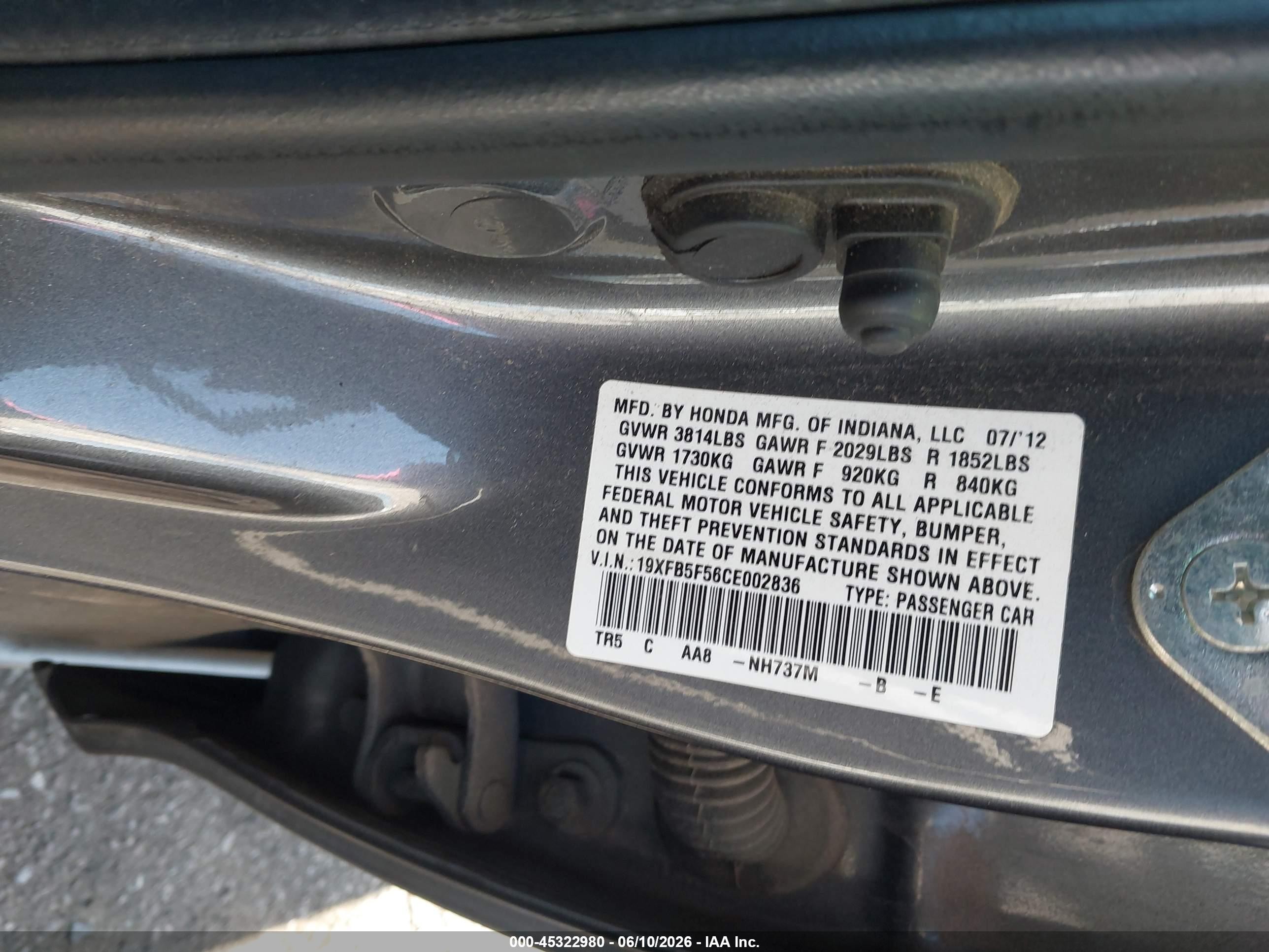 2012 Honda Civic Natural Gas Gray vin: 19XFB5F56CE002836