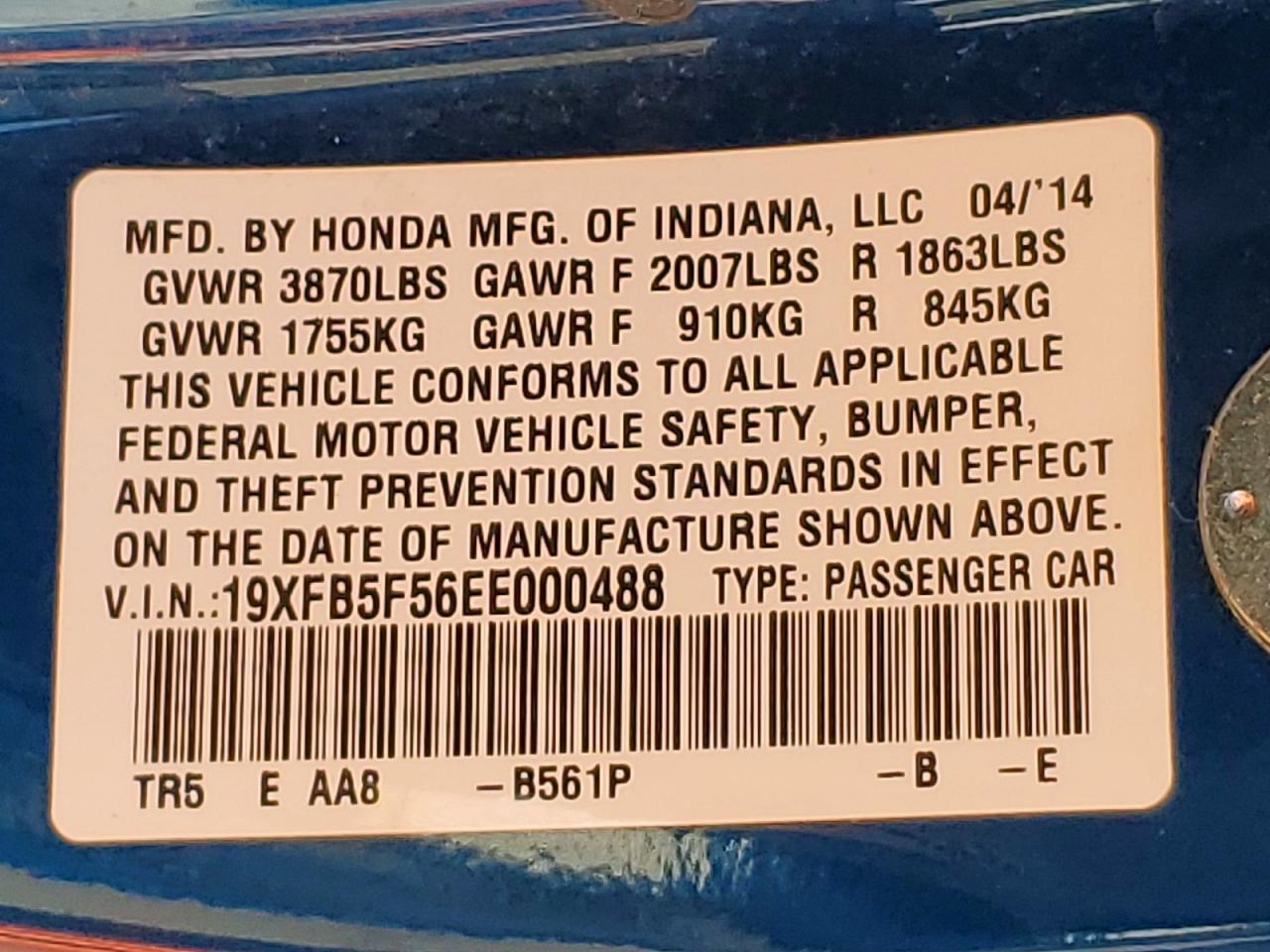 2014 Honda Civic Natural Gas Blue vin: 19XFB5F56EE000488