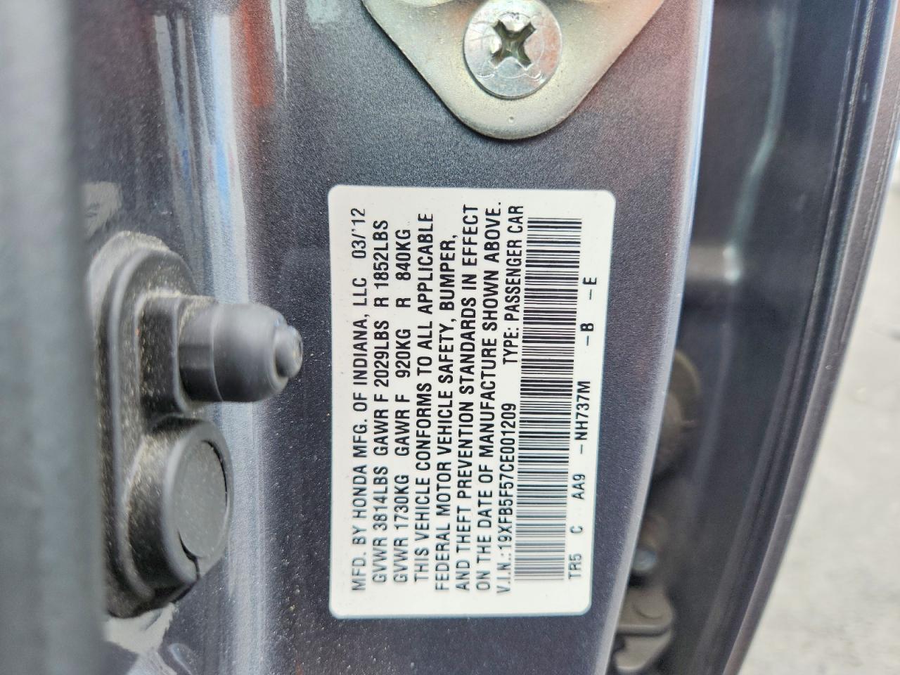 2012 Honda Civic Natural Gas Gray vin: 19XFB5F57CE001209