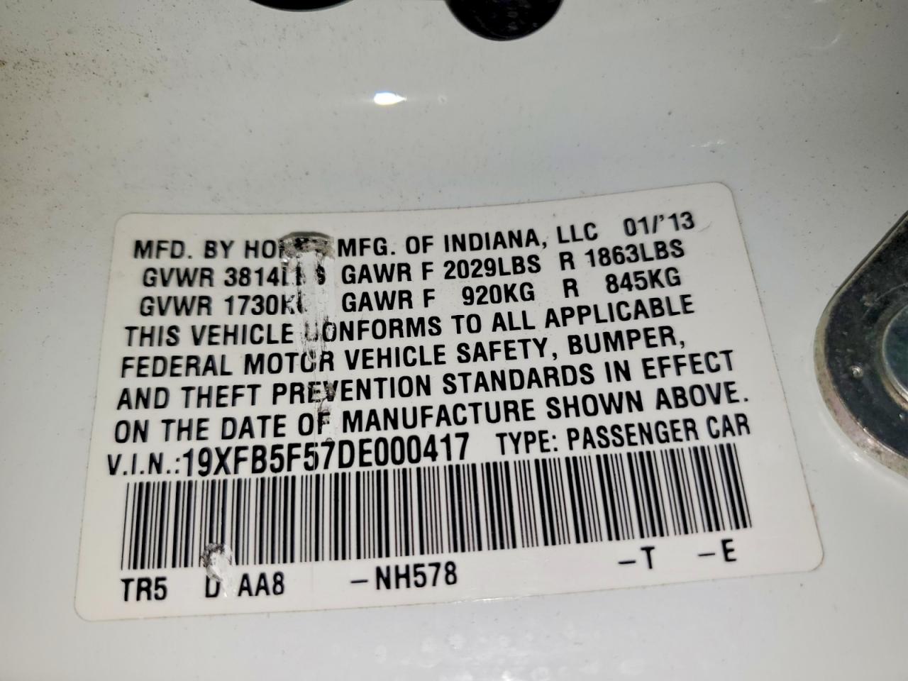 2013 Honda Civic Natural Gas White vin: 19XFB5F57DE000417