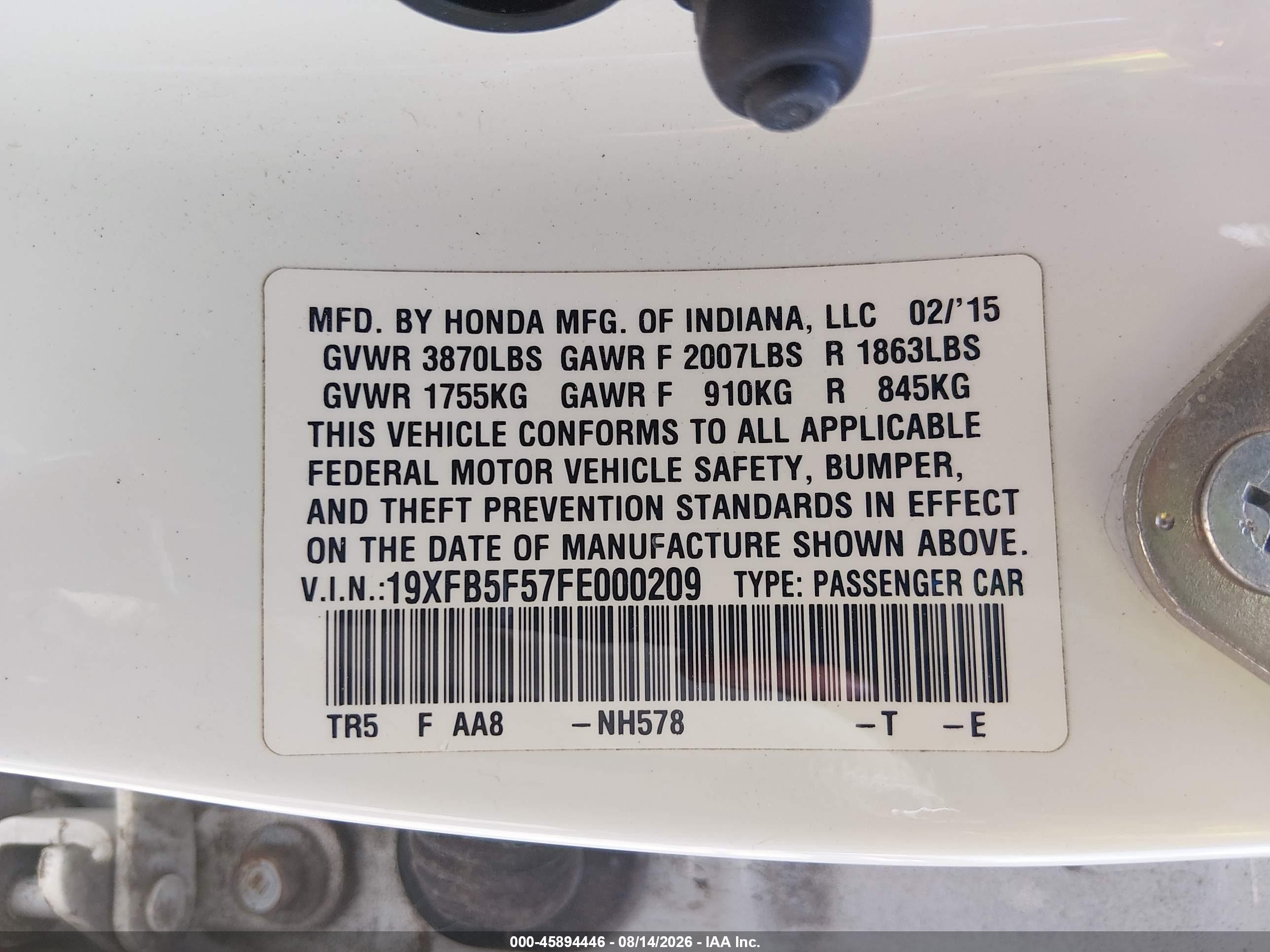 2015 Honda Civic Natural Gas White vin: 19XFB5F57FE000209