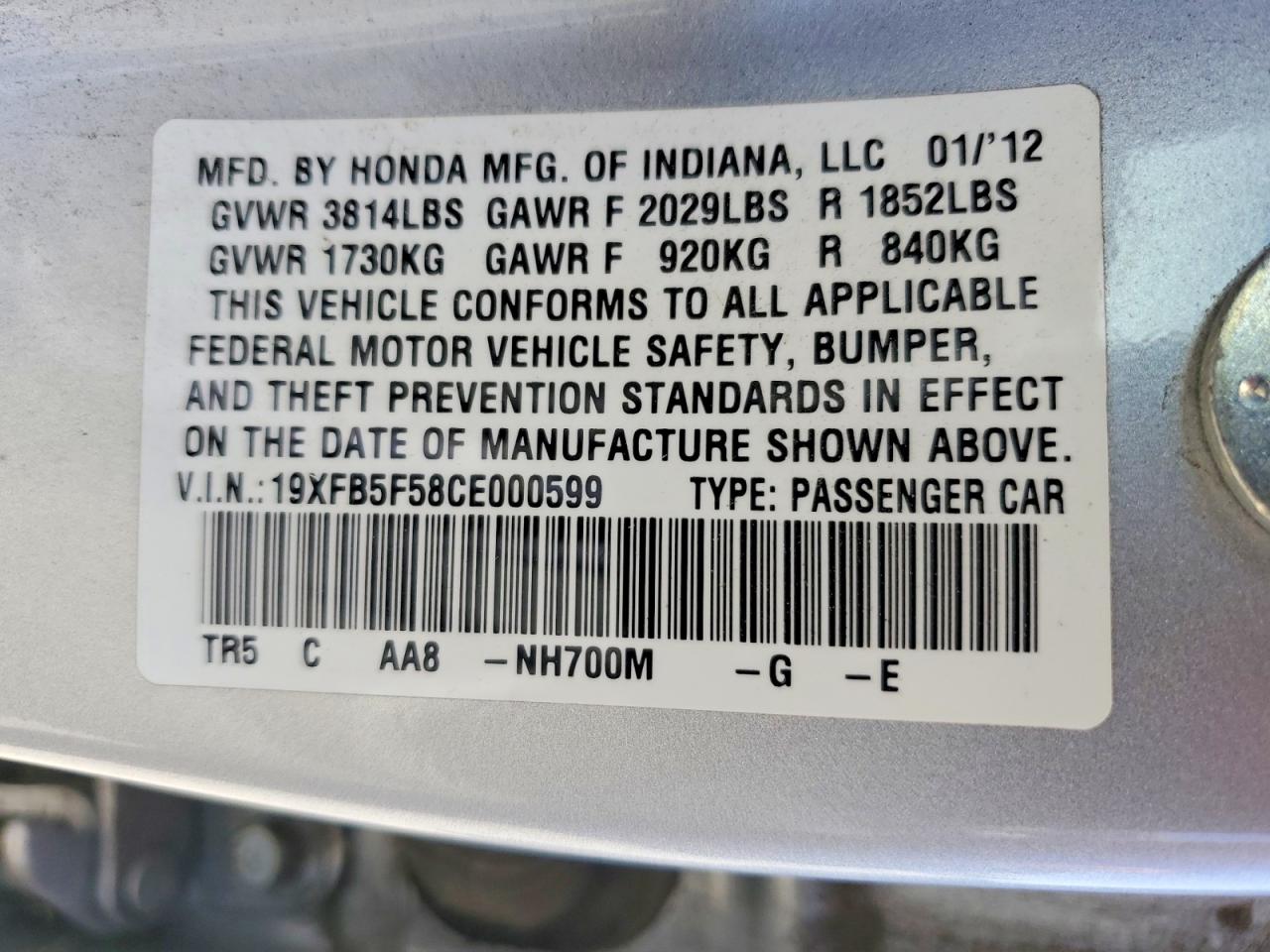 2012 Honda Civic Natural Gas Silver vin: 19XFB5F58CE000599