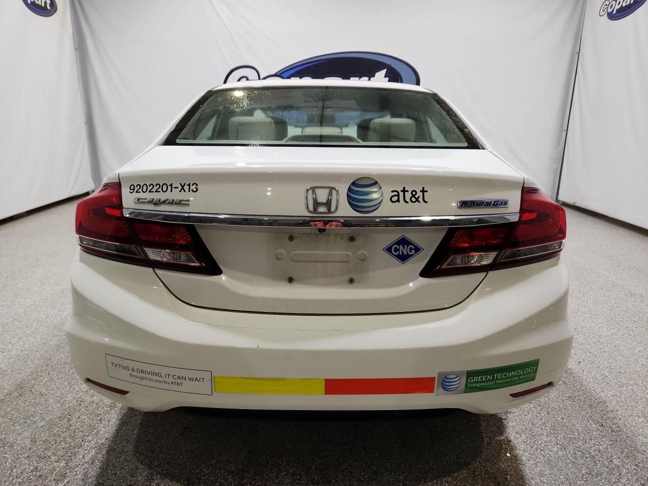 2013 Honda Civic Natural Gas White vin: 19XFB5F58DE000412 Damage: Rear Bumper, Multiple Scratches Light, 4