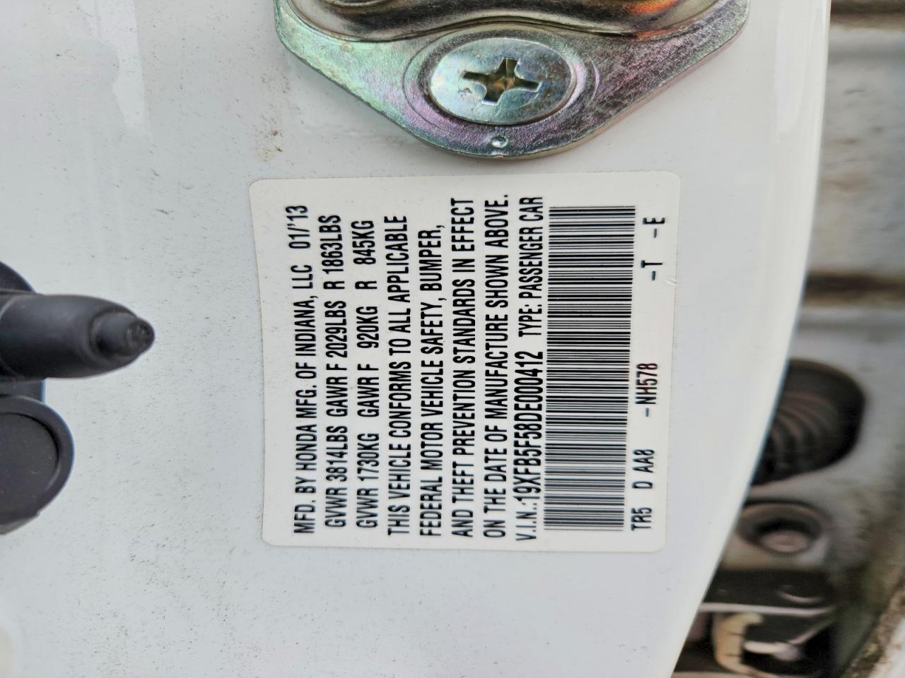 2013 Honda Civic Natural Gas White vin: 19XFB5F58DE000412