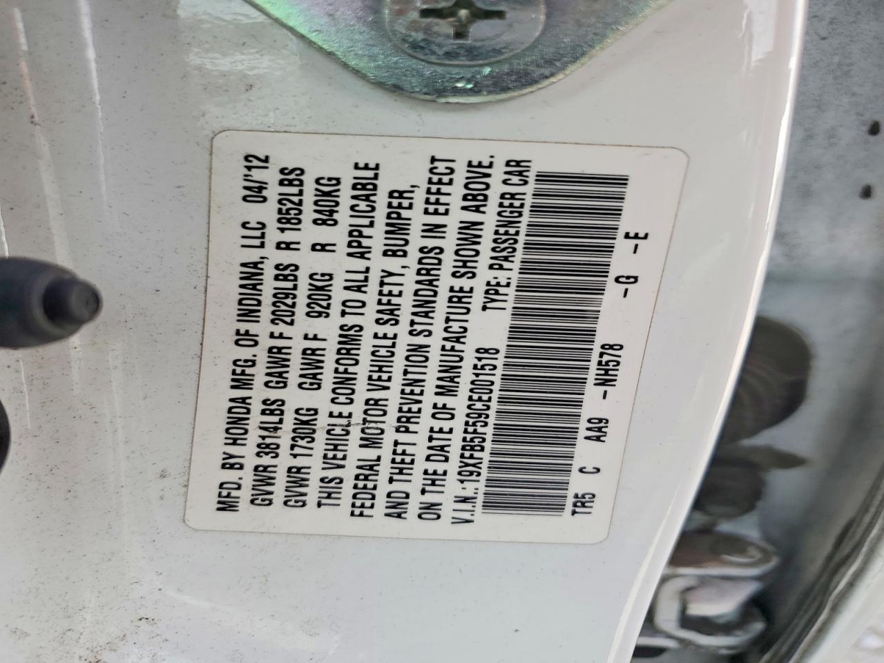 2012 Honda Civic Natural Gas White vin: 19XFB5F59CE001518