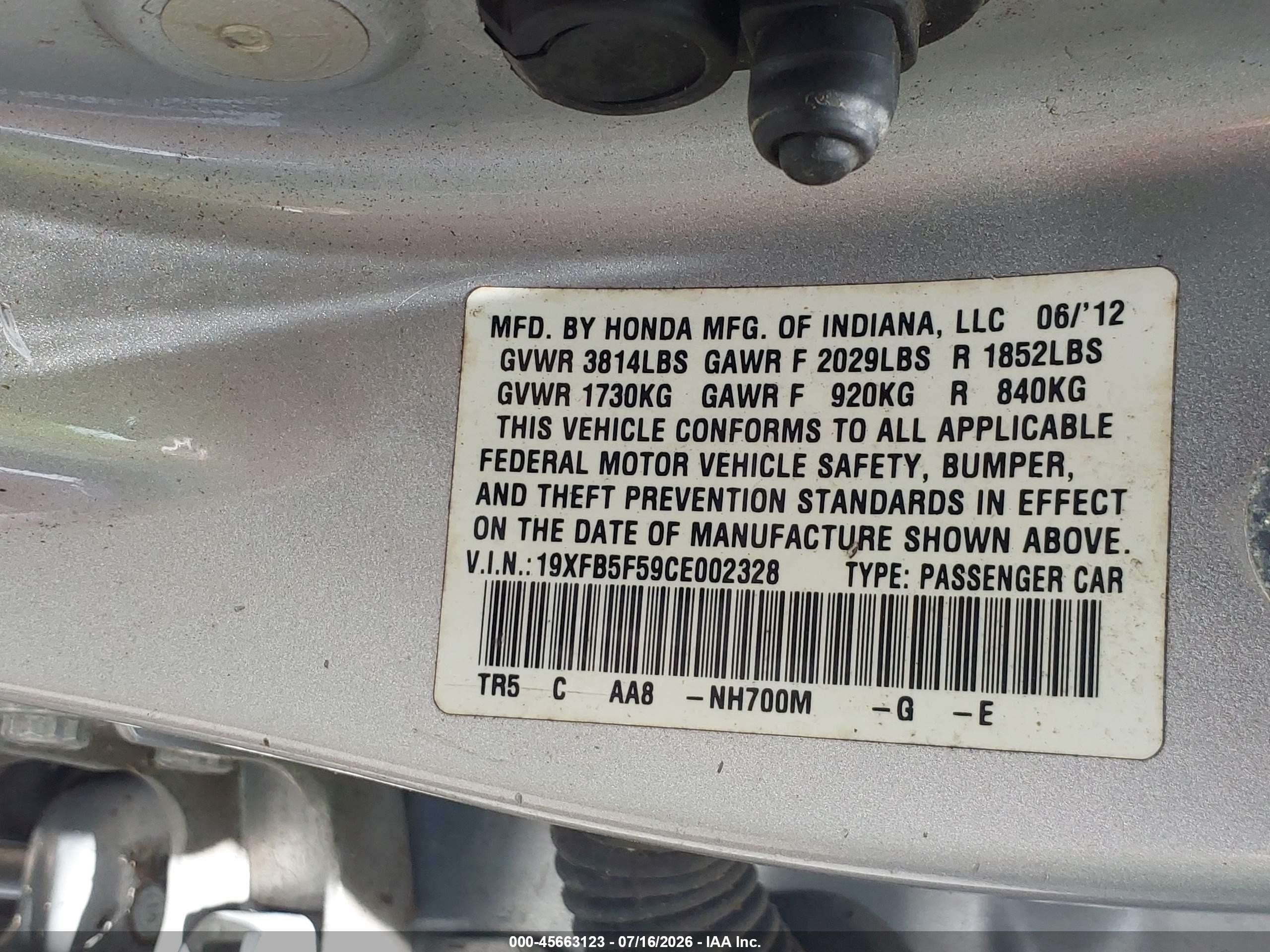 2012 Honda Civic Natural Gas Silver vin: 19XFB5F59CE002328