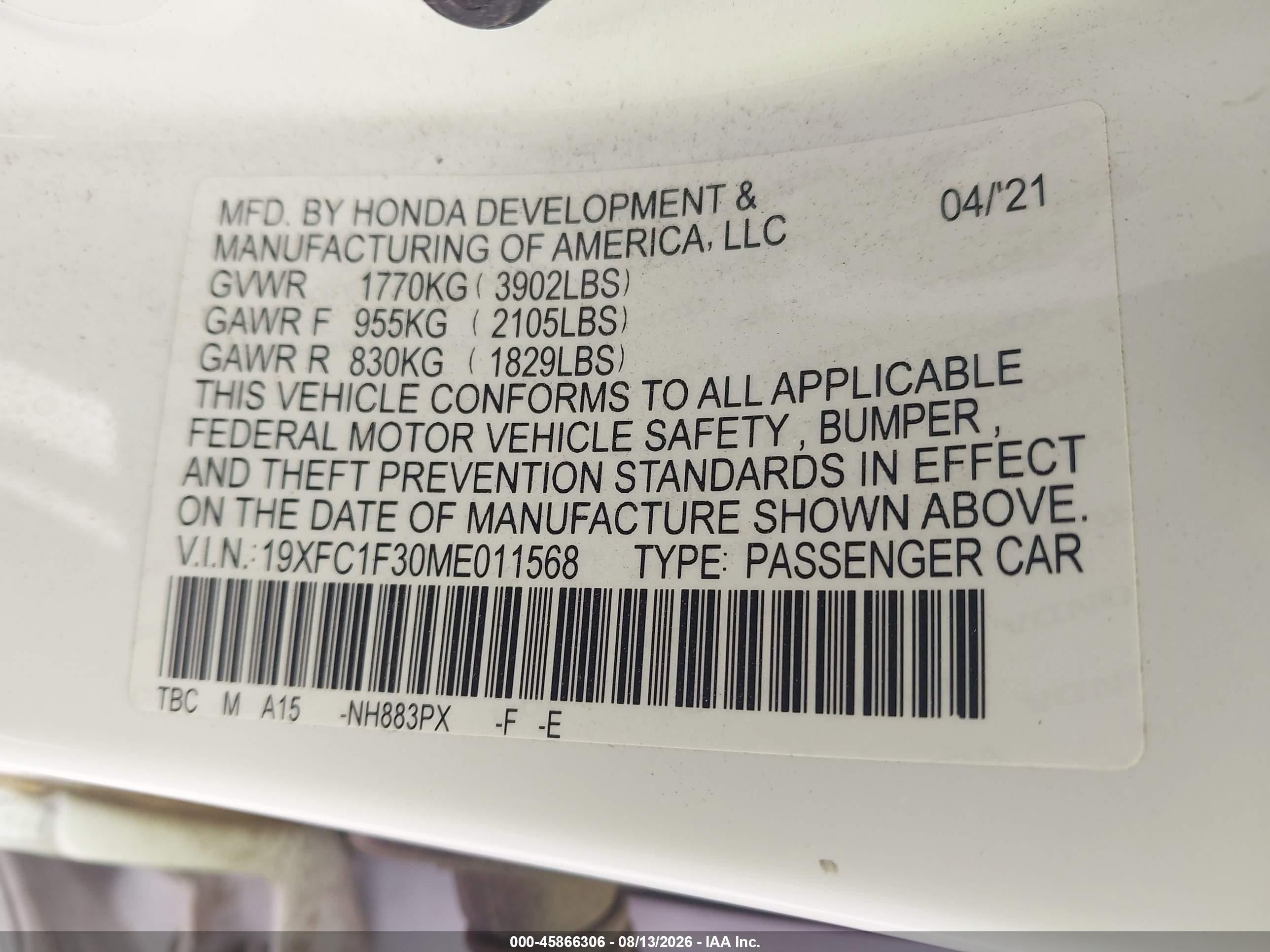 2021 Honda Civic Ex White vin: 19XFC1F30ME011568