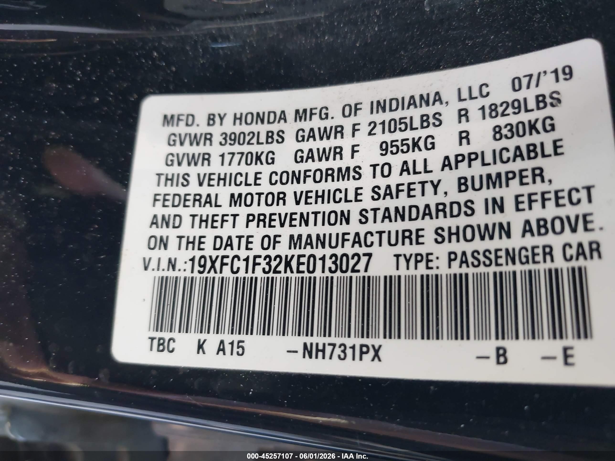 2019 Honda Civic Ex Black vin: 19XFC1F32KE013027