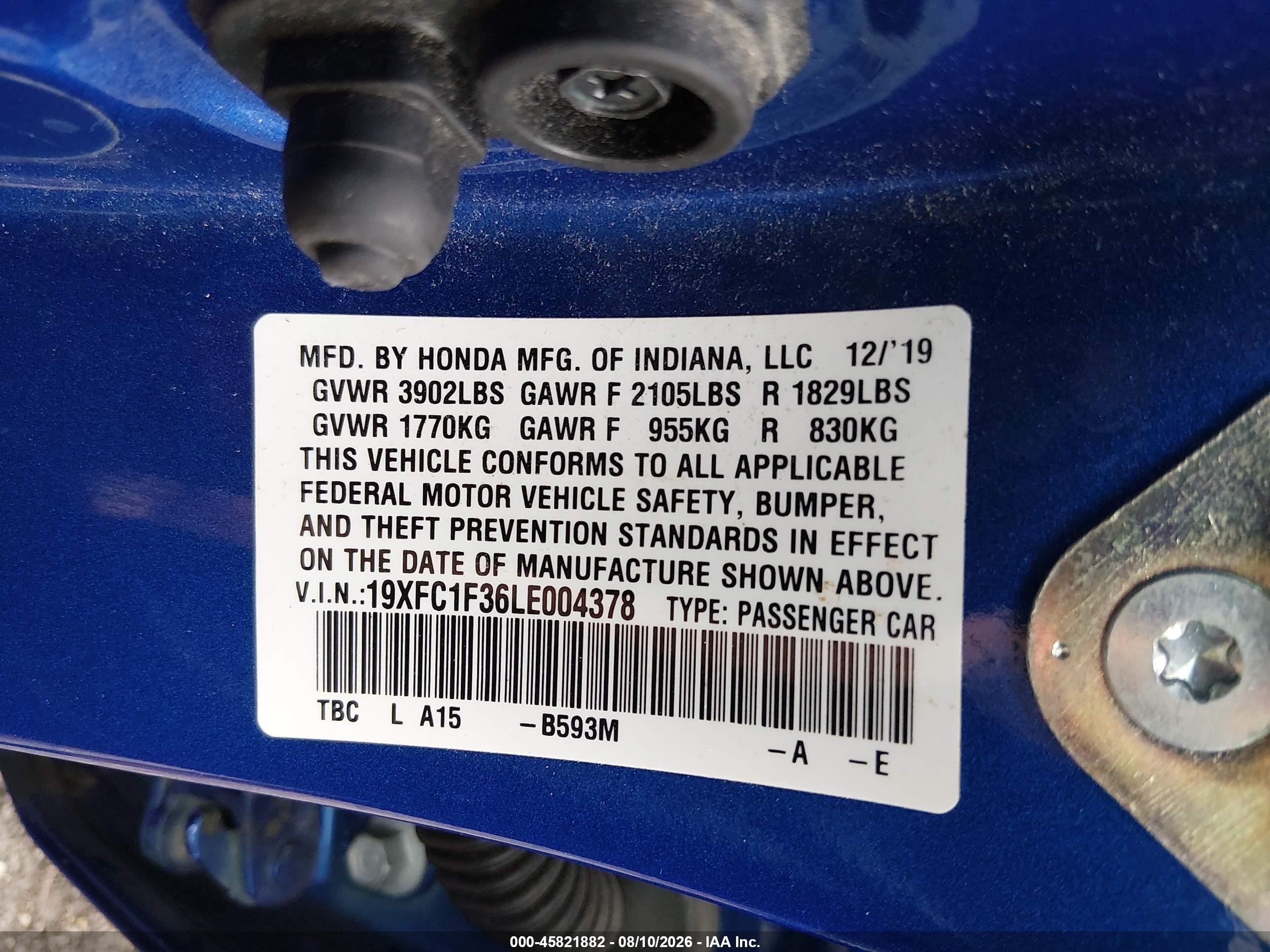 2020 Honda Civic Ex Blue vin: 19XFC1F36LE004378