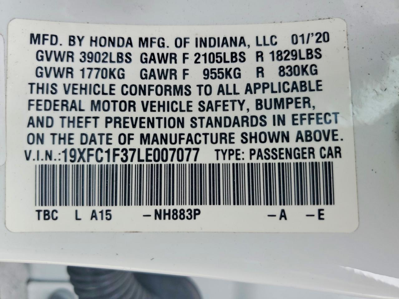 2020 Honda Civic Ex White vin: 19XFC1F37LE007077