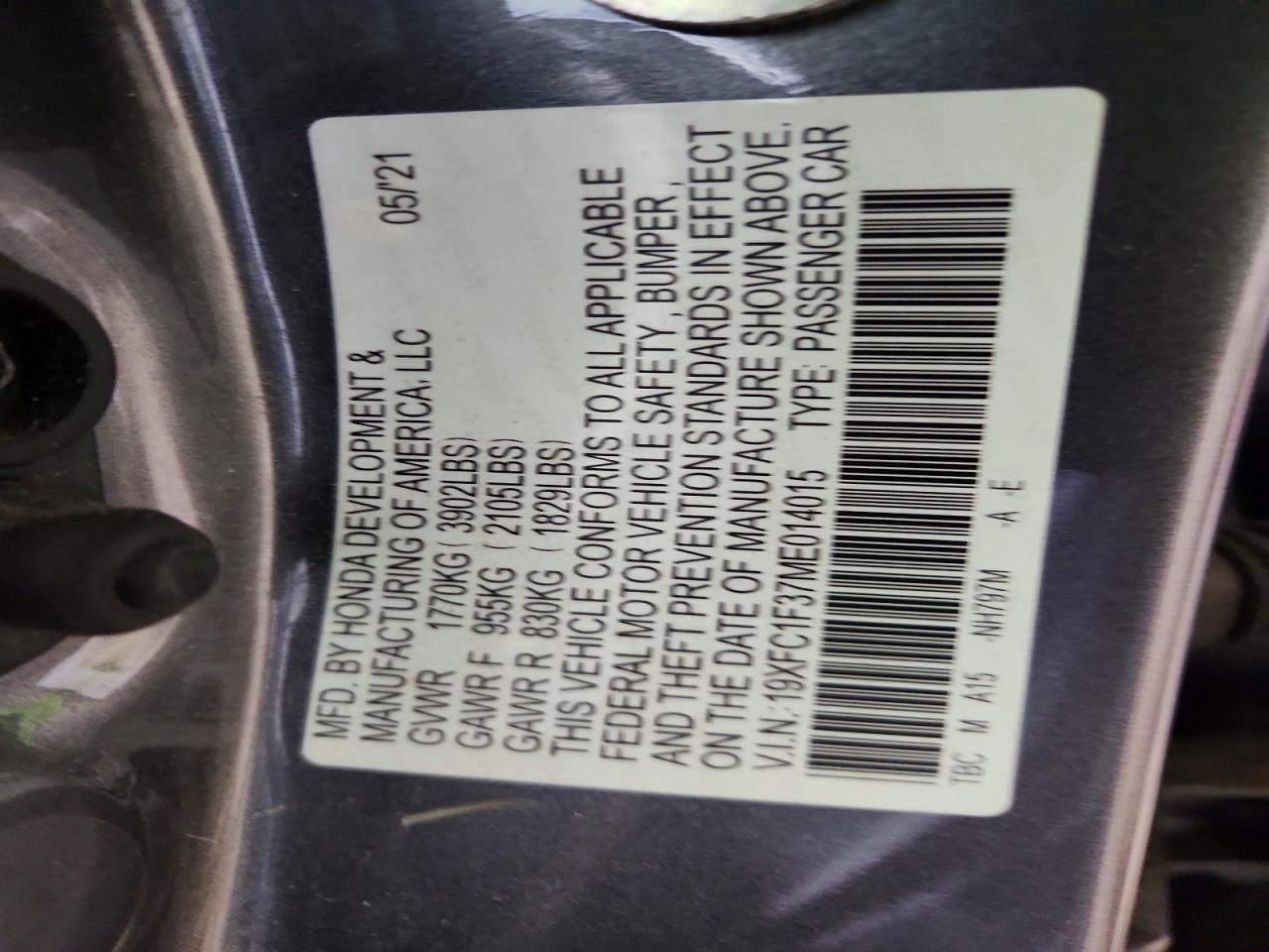 2021 Honda Civic Ex Gray vin: 19XFC1F37ME014015