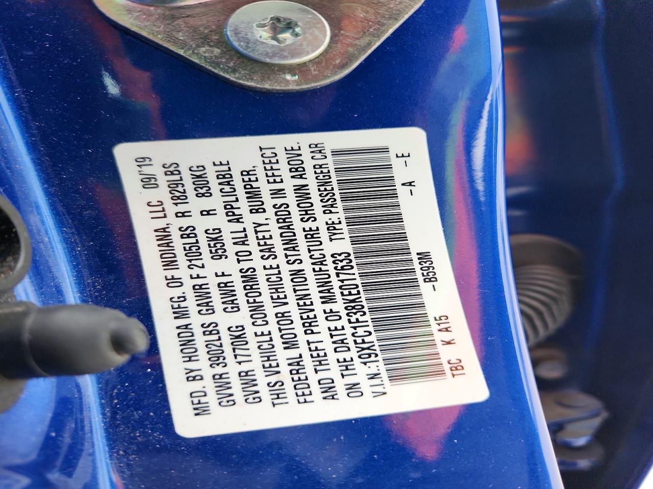 2019 Honda Civic Ex Blue vin: 19XFC1F38KE017633