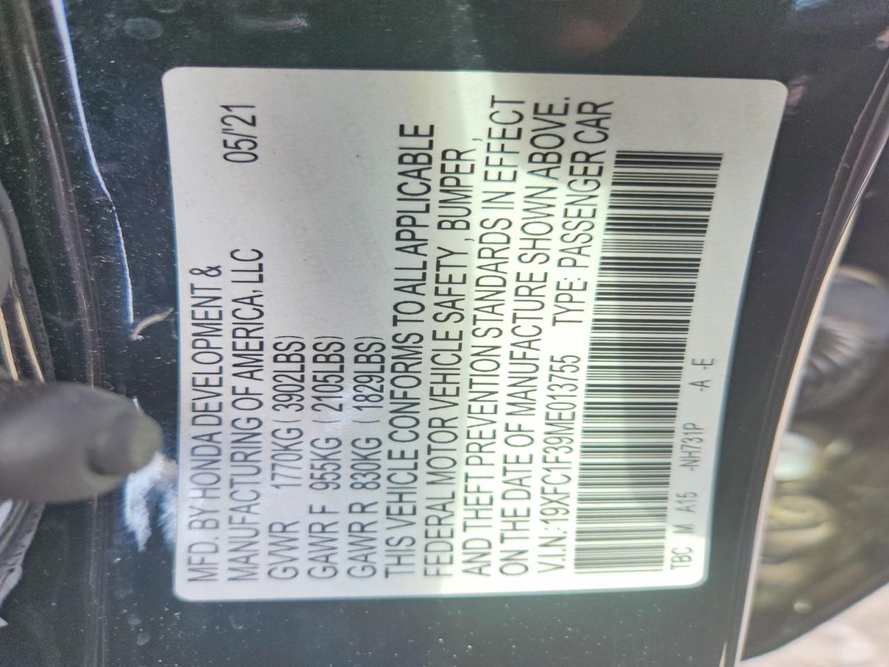 2021 Honda Civic Ex Black vin: 19XFC1F39ME013755