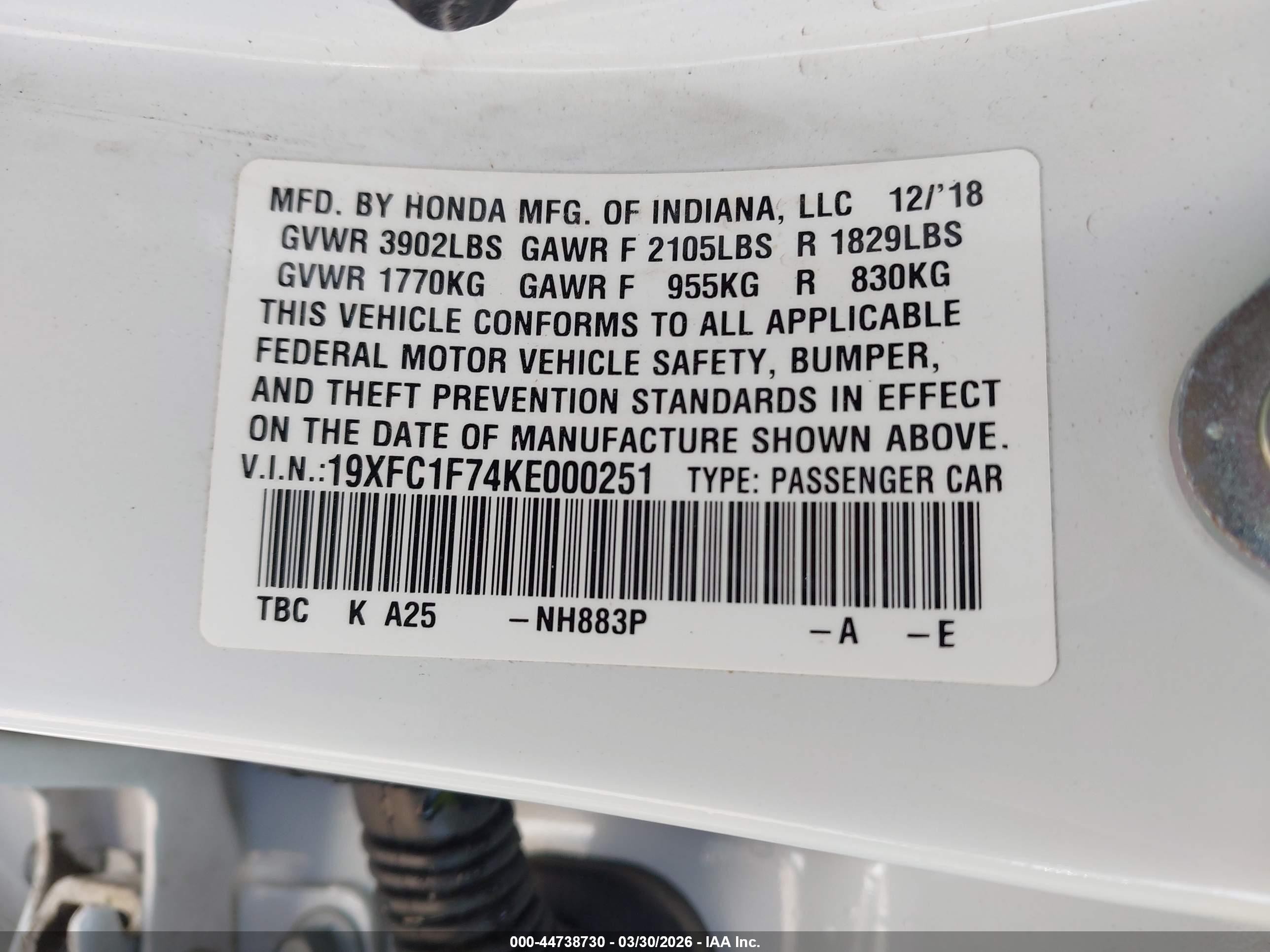 2019 Honda Civic Ex-l White vin: 19XFC1F74KE000251
