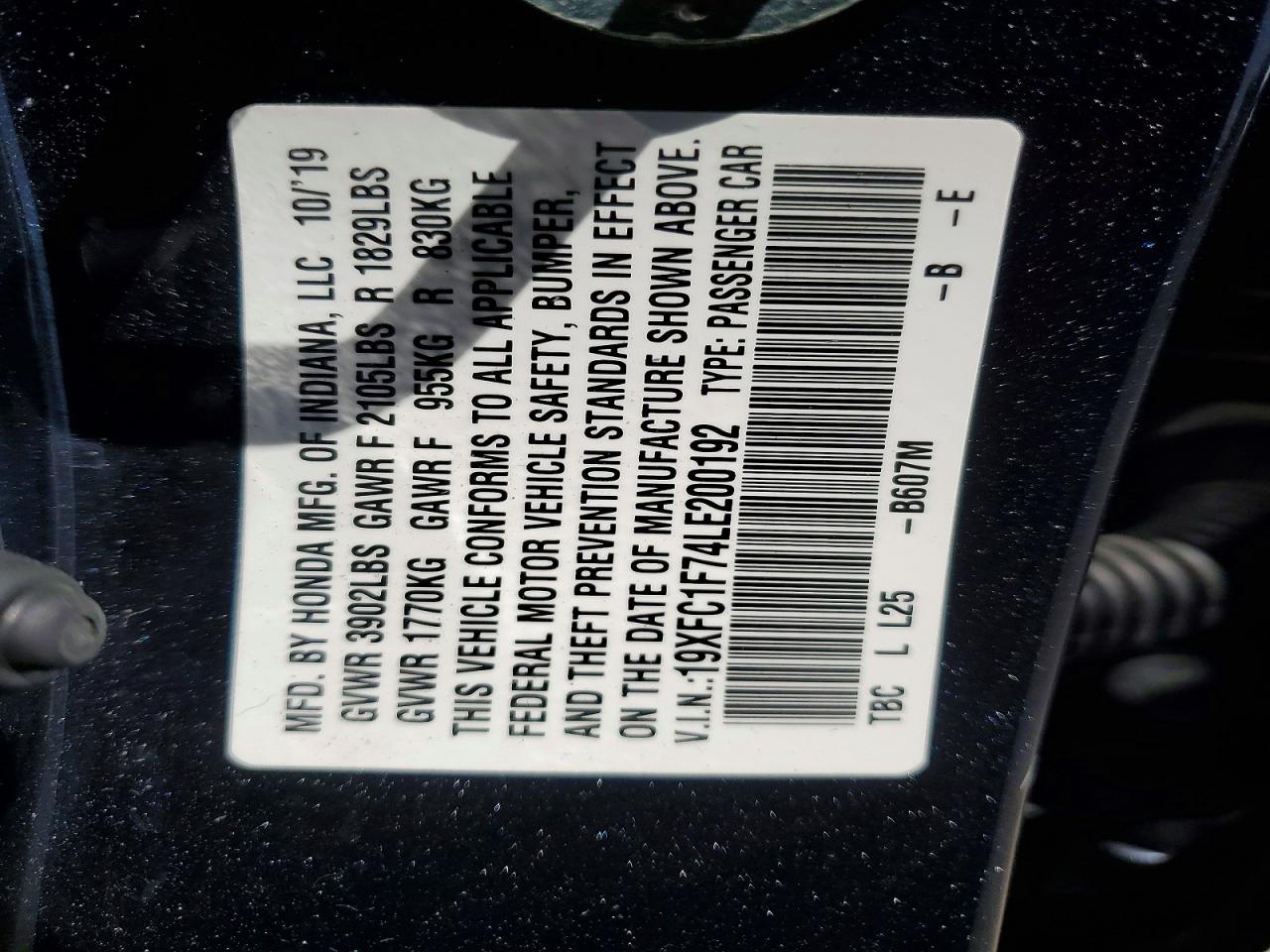 2020 Honda Civic Exl Charcoal vin: 19XFC1F74LE200192