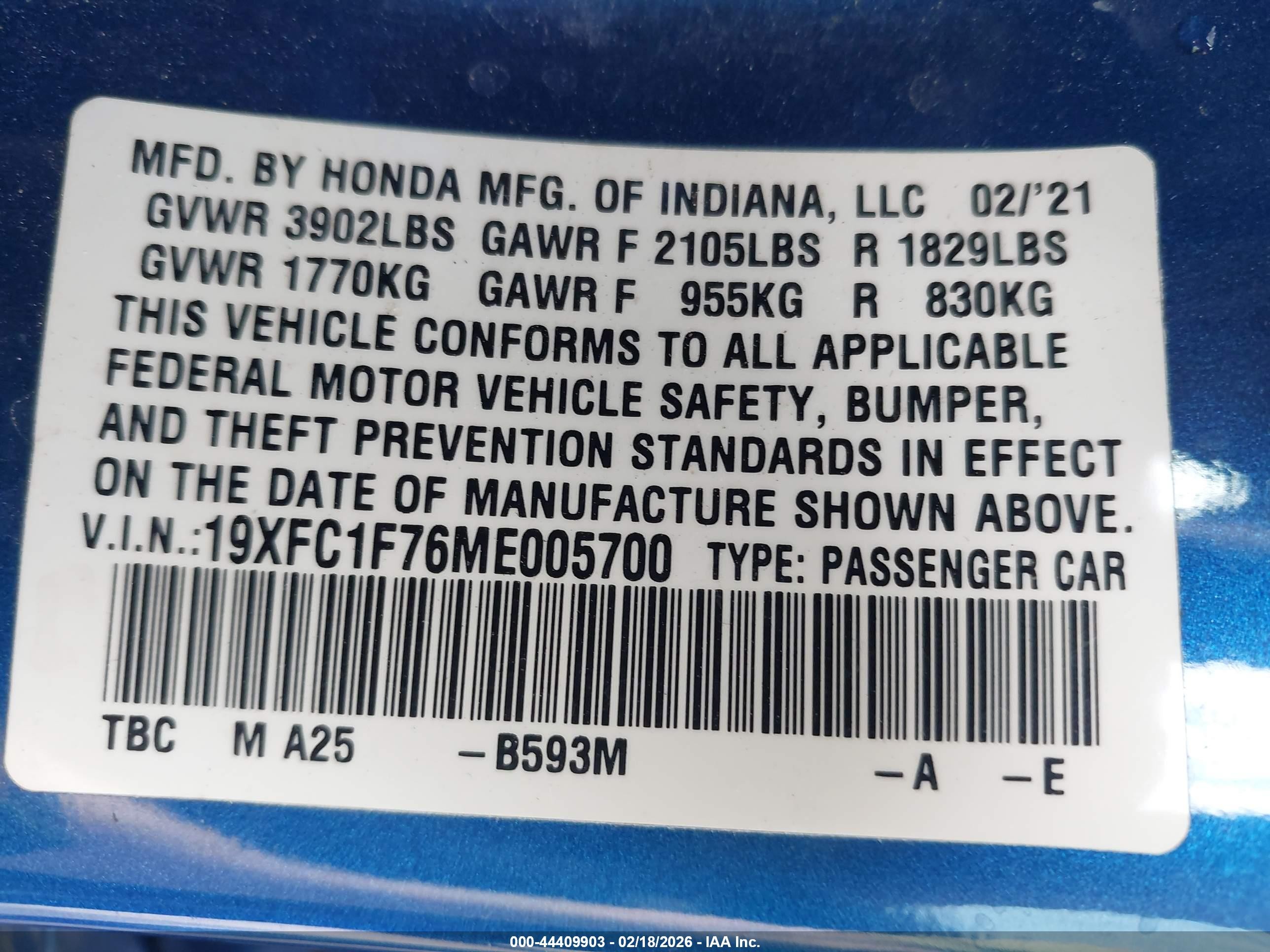 2021 Honda Civic Ex-l Blue vin: 19XFC1F76ME005700