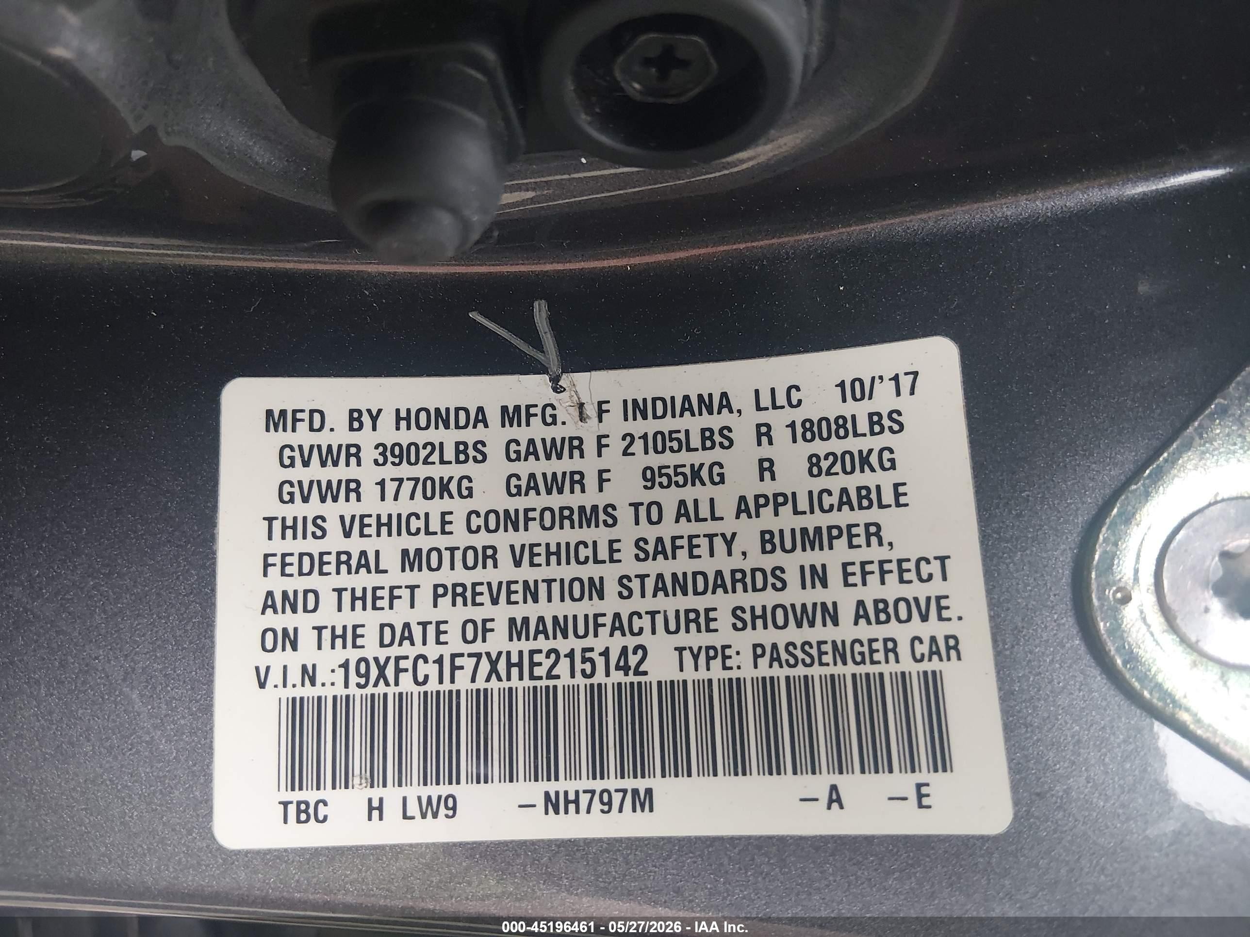 2017 Honda Civic Ex-l Gray vin: 19XFC1F7XHE215142
