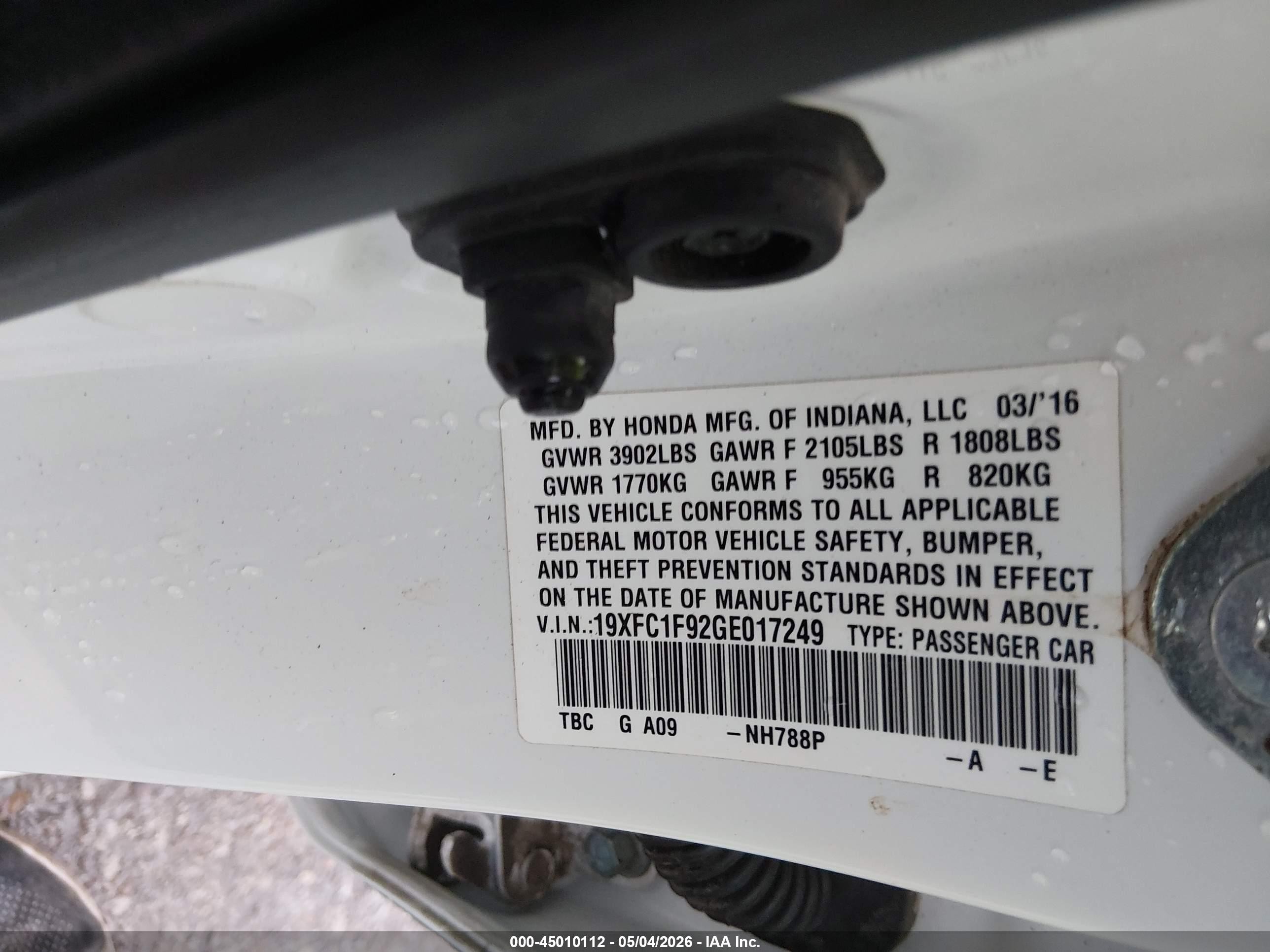2016 Honda Civic Touring White vin: 19XFC1F92GE017249