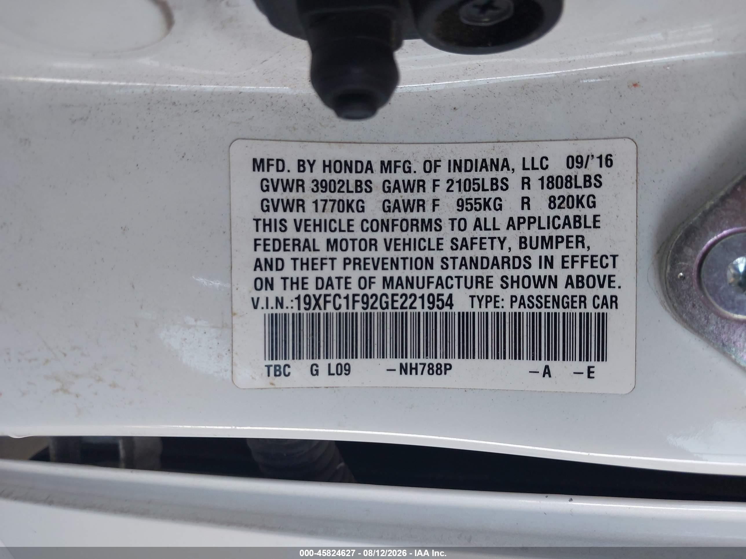 2016 Honda Civic Touring White vin: 19XFC1F92GE221954