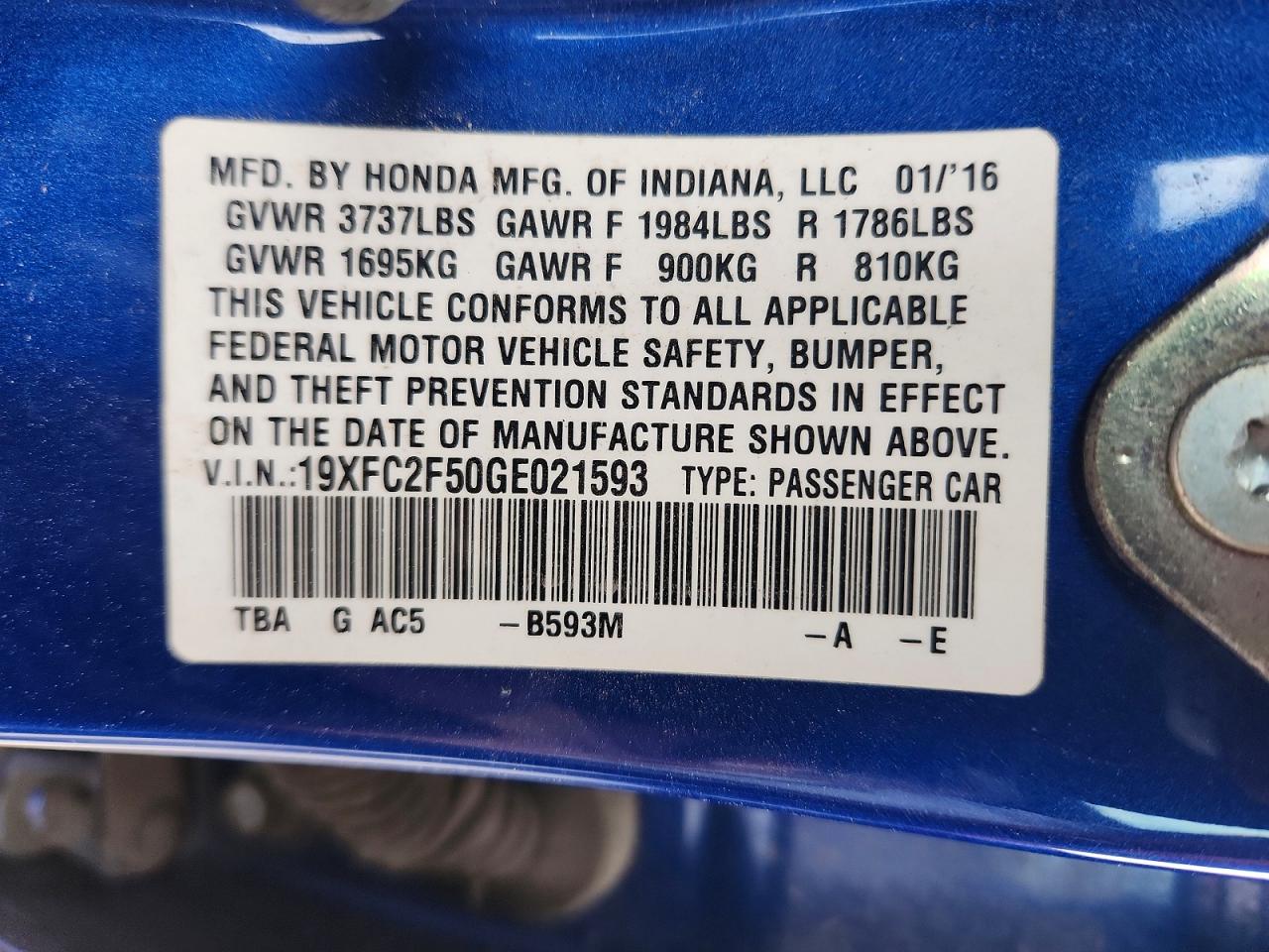 2016 Honda Civic Lx Blue vin: 19XFC2F50GE021593