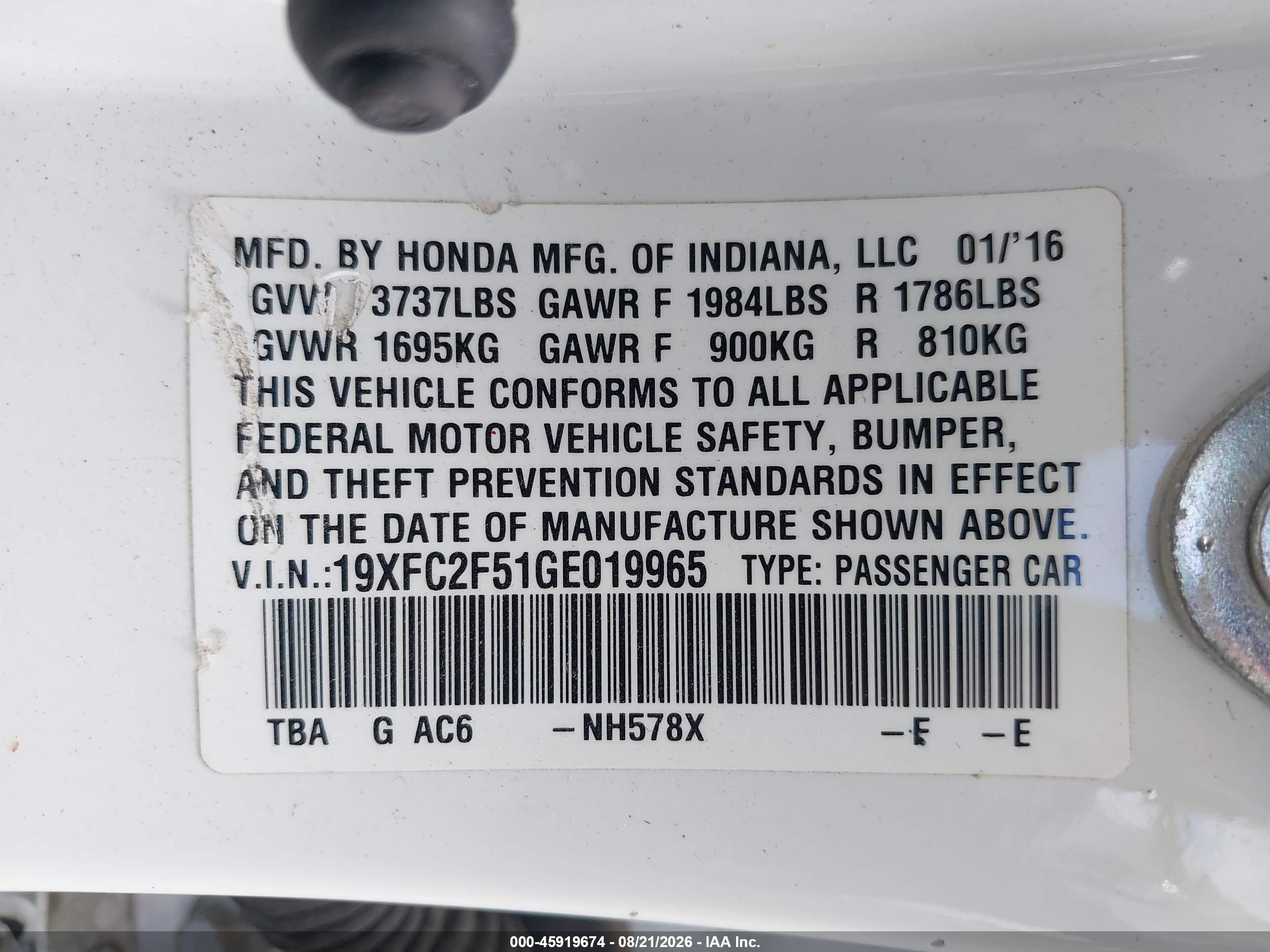 2016 Honda Civic Lx White vin: 19XFC2F51GE019965