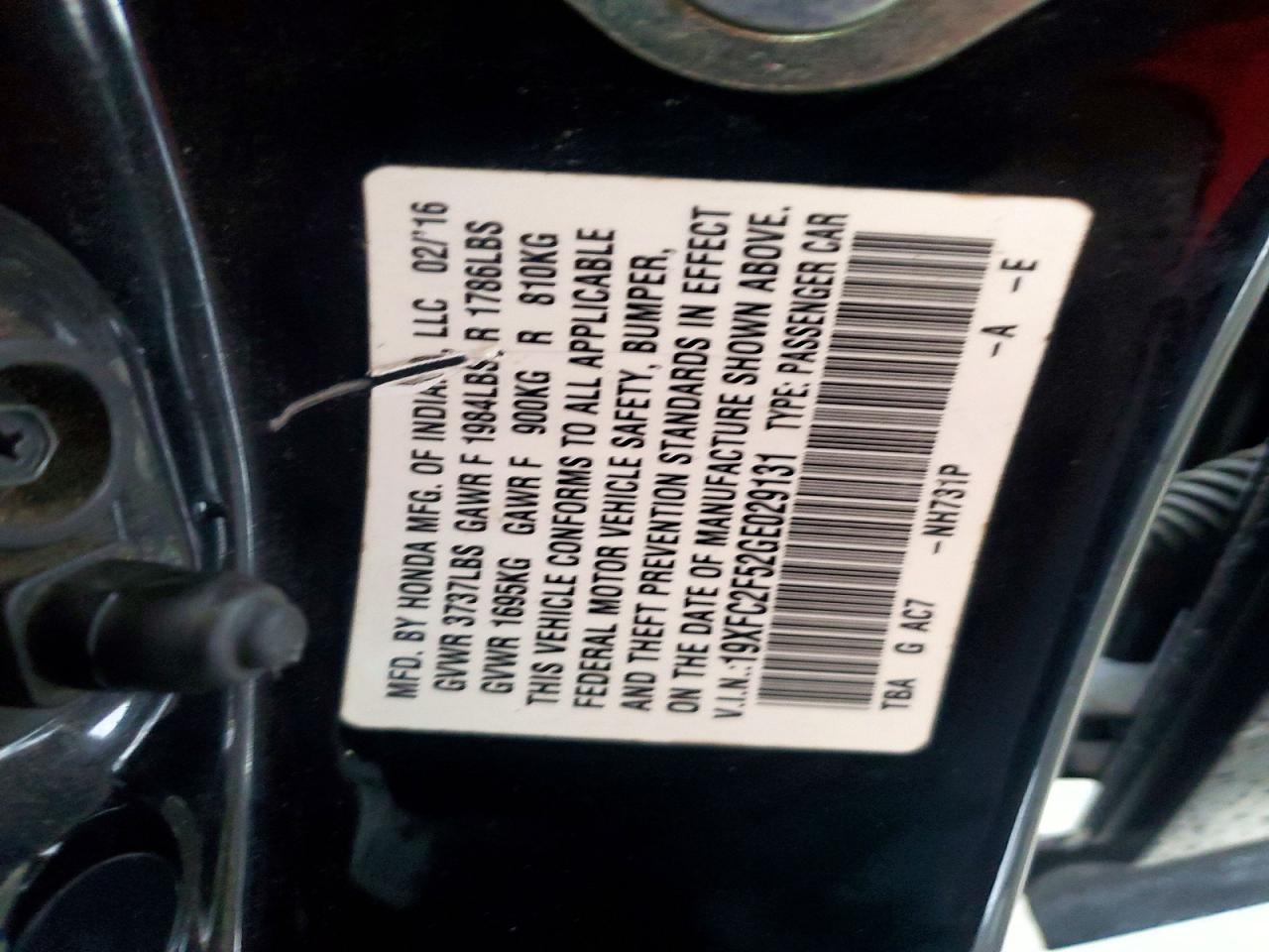 2016 Honda Civic Lx Black vin: 19XFC2F52GE029131