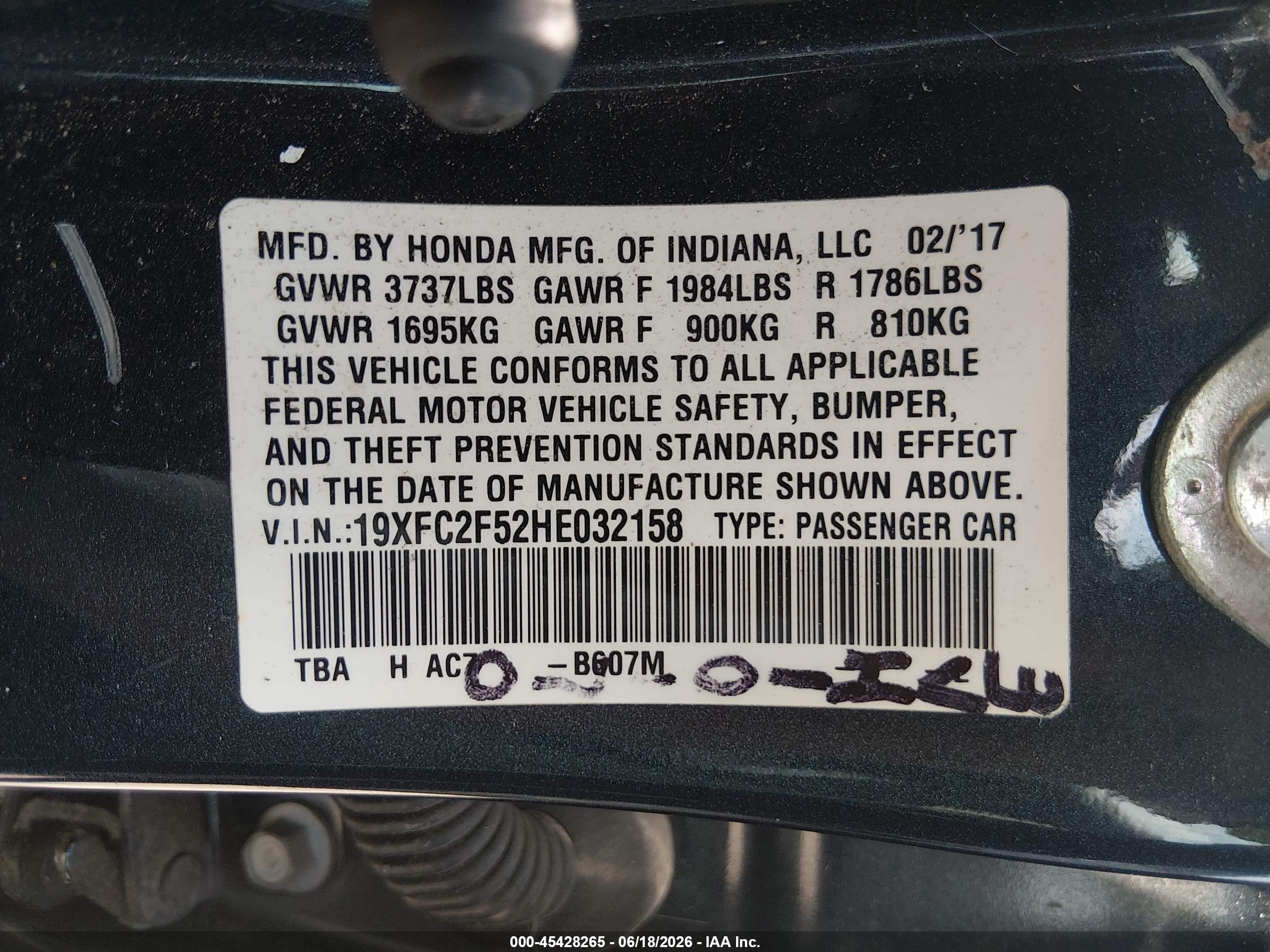 2017 Honda Civic Lx Turquoise vin: 19XFC2F52HE032158