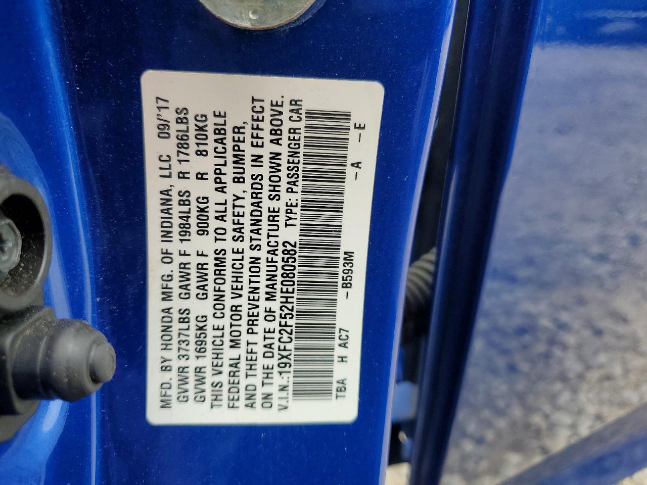 2017 Honda Civic Lx Blue vin: 19XFC2F52HE080582
