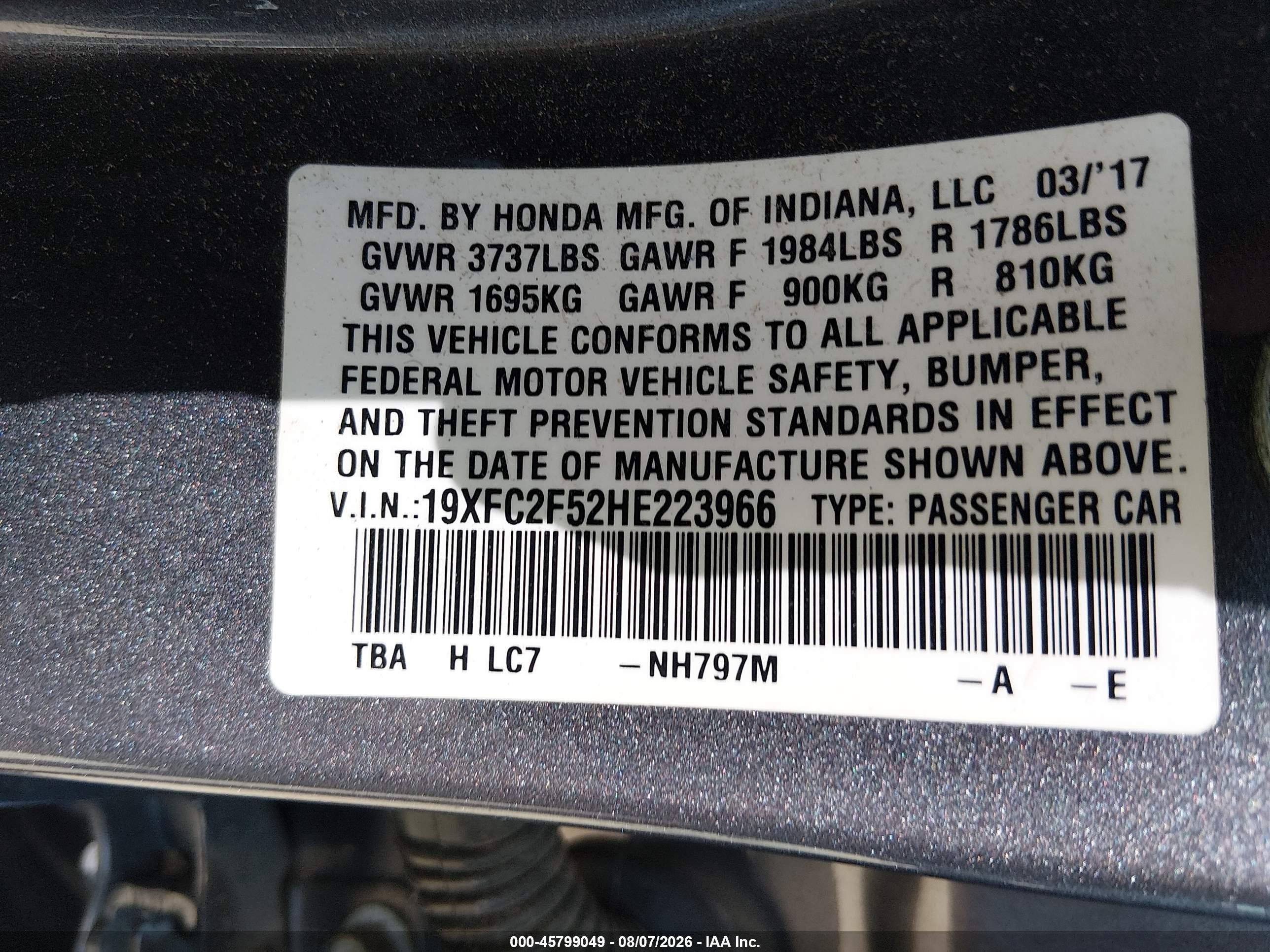 2017 Honda Civic Lx Gray vin: 19XFC2F52HE223966