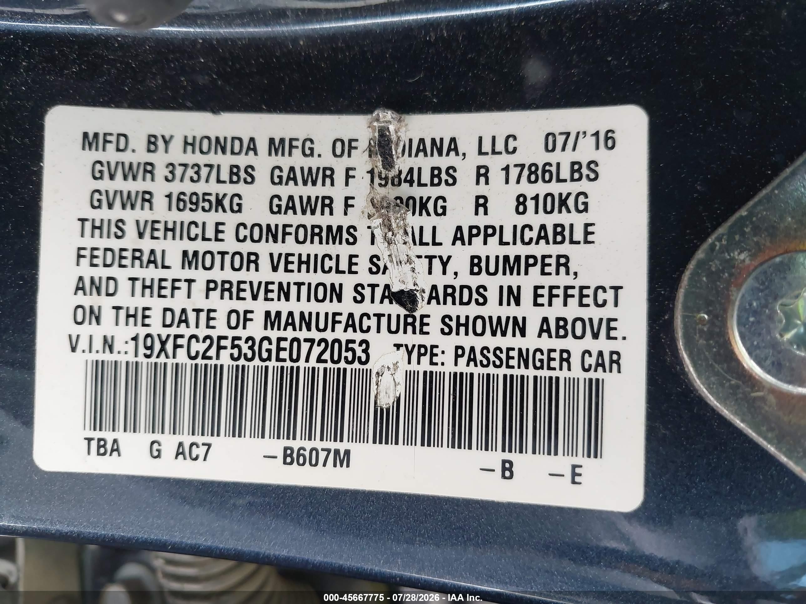 2016 Honda Civic Lx Gray vin: 19XFC2F53GE072053