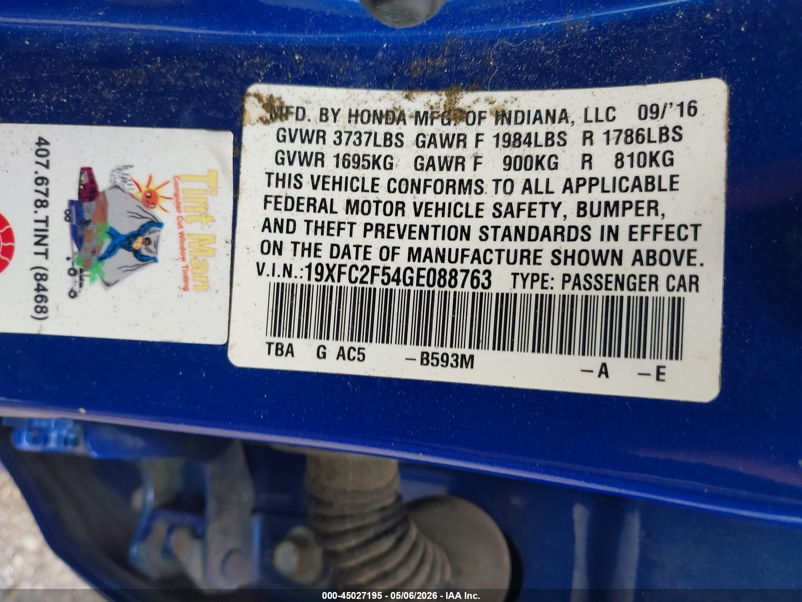2016 Honda Civic Lx Синий vin: 19XFC2F54GE088763