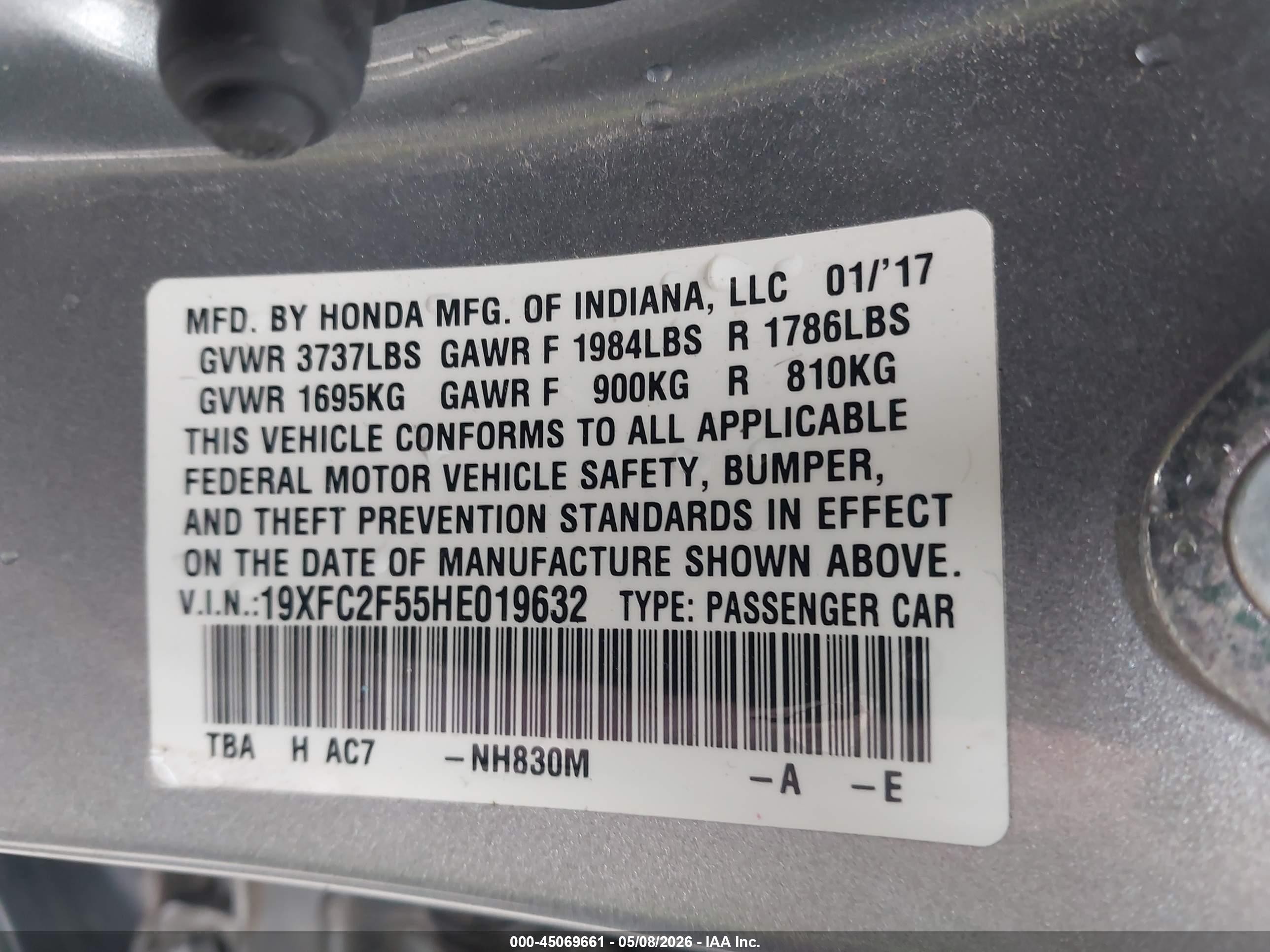 2017 Honda Civic Lx Серый vin: 19XFC2F55HE019632