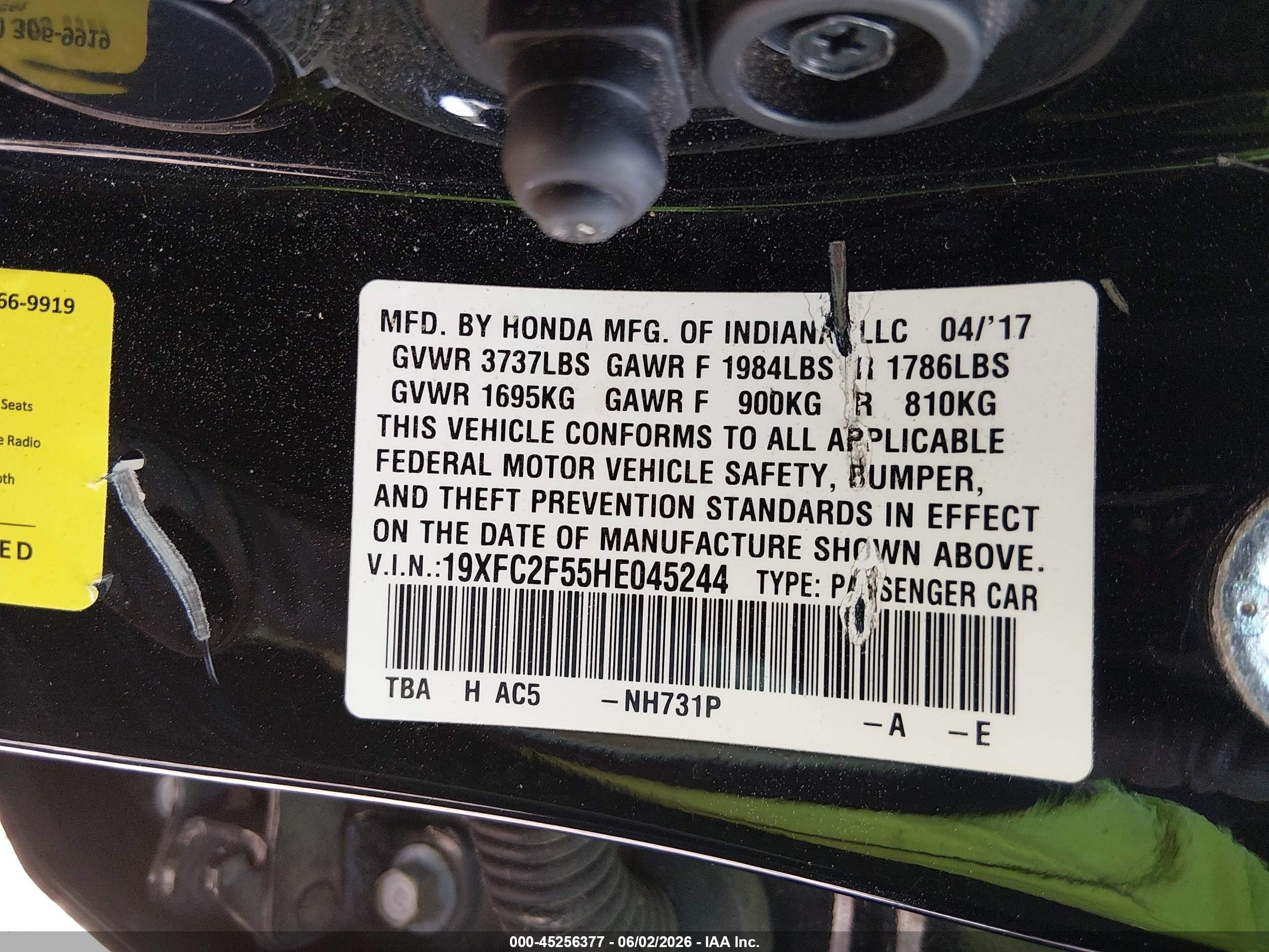 2017 Honda Civic Lx Черный vin: 19XFC2F55HE045244